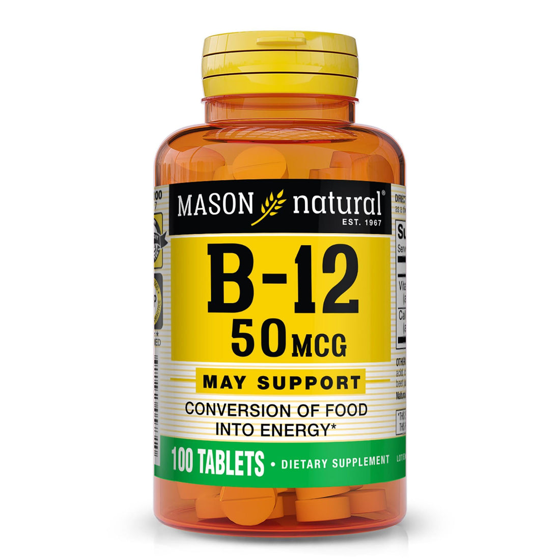 MASON NATURAL Vitamin B12 50 mcg with Calcium, 100-Day Supply, Dietary Supplement to Support Natural Energy Levels, 100 Tablets (Pack of 1)