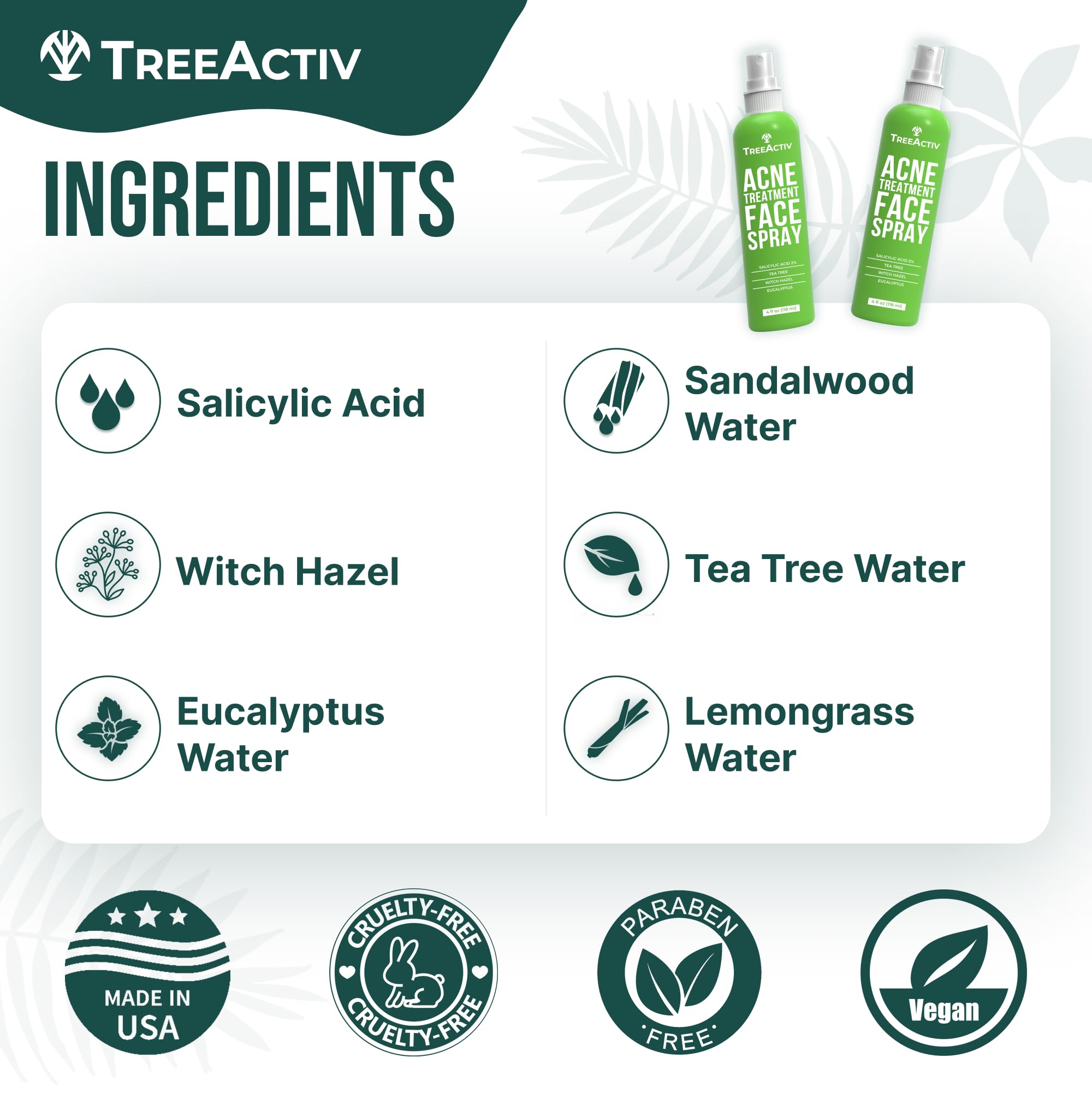 Acne Treatment Face Spray, 4 fl oz Facial Spray with Witch Hazel, Salicylic Acid for Acne Prone and Oily Skin, for Hormonal, Severe Cystic Acne, Skin Clearing Toner, 1000 Sprays