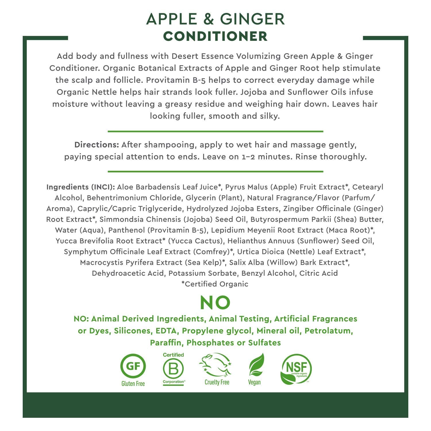 Desert Essence All Natural Organic Green Apple & Ginger Volumizing Shampoo and Conditioner Bundle With Aloe Vera, Kelp, Nettle and Ginger for Cleansing Environmental Pollutants, 8 fl. oz. each