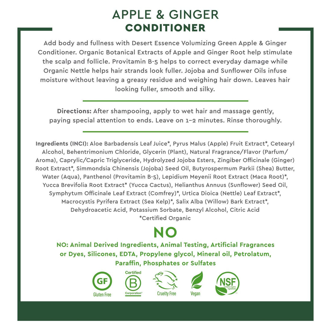 Desert Essence All Natural Organic Green Apple & Ginger Volumizing Shampoo and Conditioner Bundle With Aloe Vera, Kelp, Nettle and Ginger for Cleansing Environmental Pollutants, 8 fl. oz. each