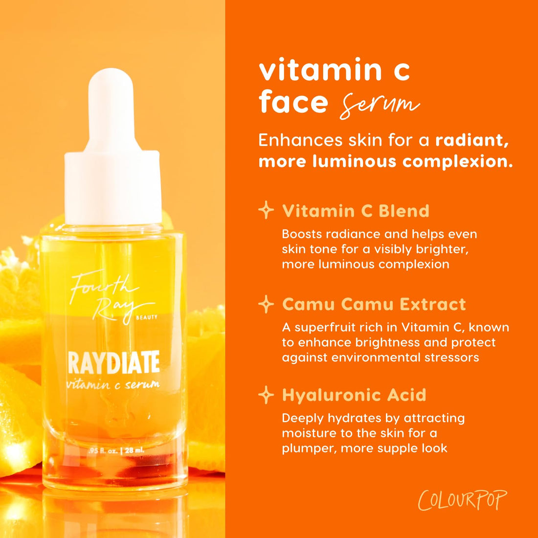 ColourPop Raydiate Vitamin C Serum - Bi-Phase Face Serum & Oil Enriched with Hyaluronic Acid, Turmeric & Camu Camu - Gives Complexion a Healthy, Luminous Dewy Glow (0.95 fl oz)
