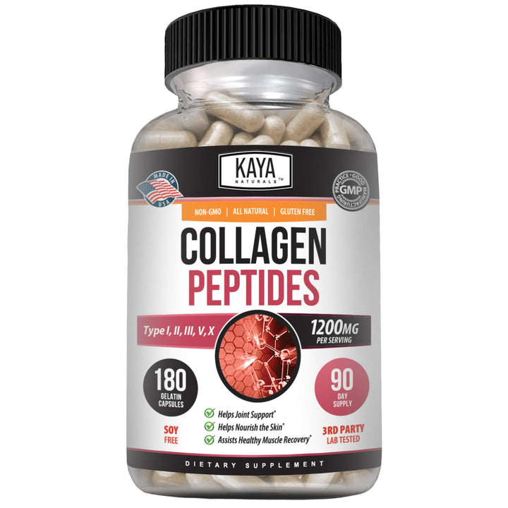 Kaya Naturals Multi Collagen Peptides Complex Powder for Women and Men, Types I, II, III, V & X | 180 Count Capsules