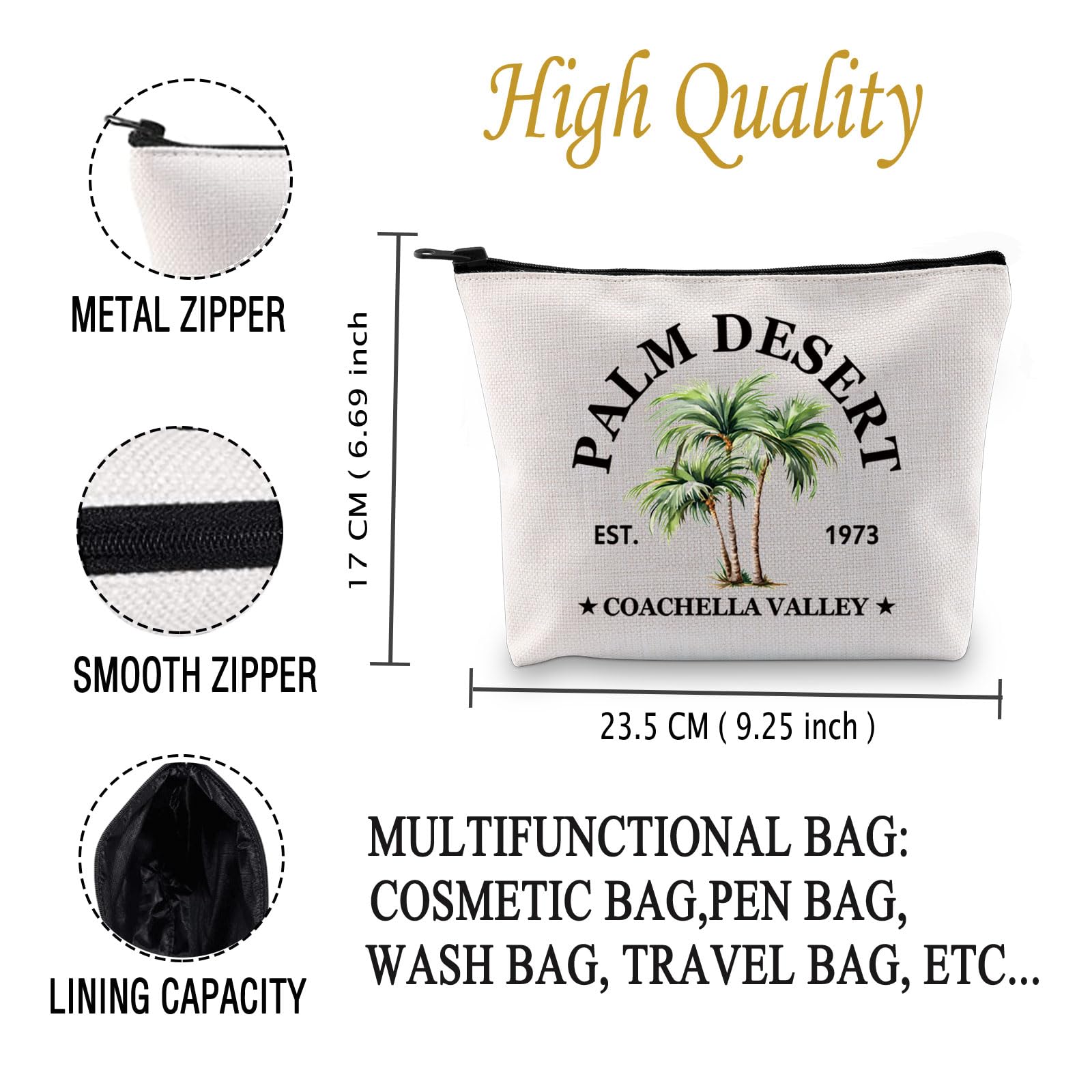 JXGZSO Palm Springs Cosmetic Bag Palm Desert Coachella Valley Est 1973 Makeup Bag California Palms Pouch Bag Palm Tree Lovers Gift (Palm Desert Bag)