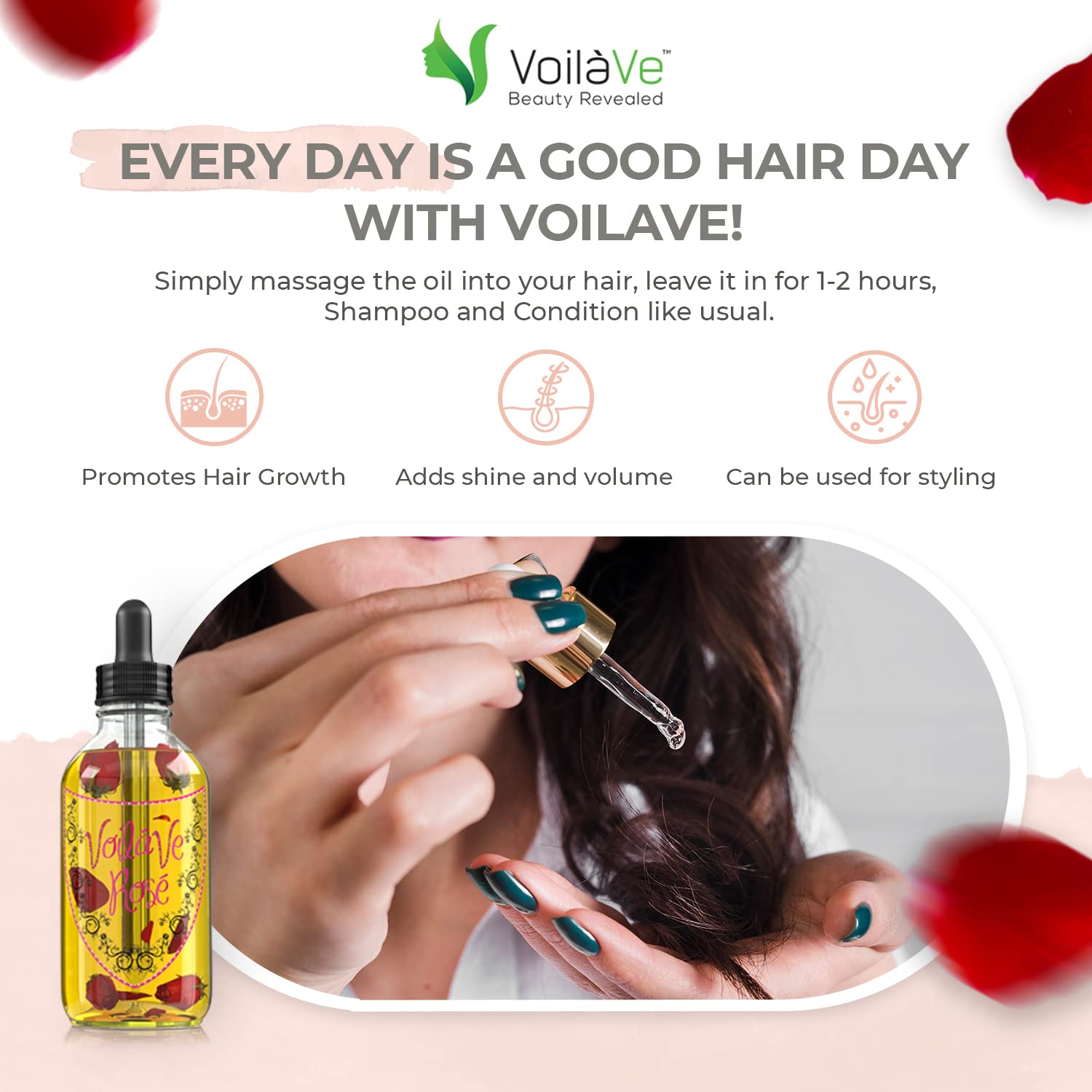 VoilaVe Rose Oil, Blend of Organic and Natural Oils for Face, Hair, and Body, No Artificial Ingredients, Pure and Natural Treatment for Wrinkles, Scars, Sunburn, Acne, and Dry Skin, 4 fl oz.