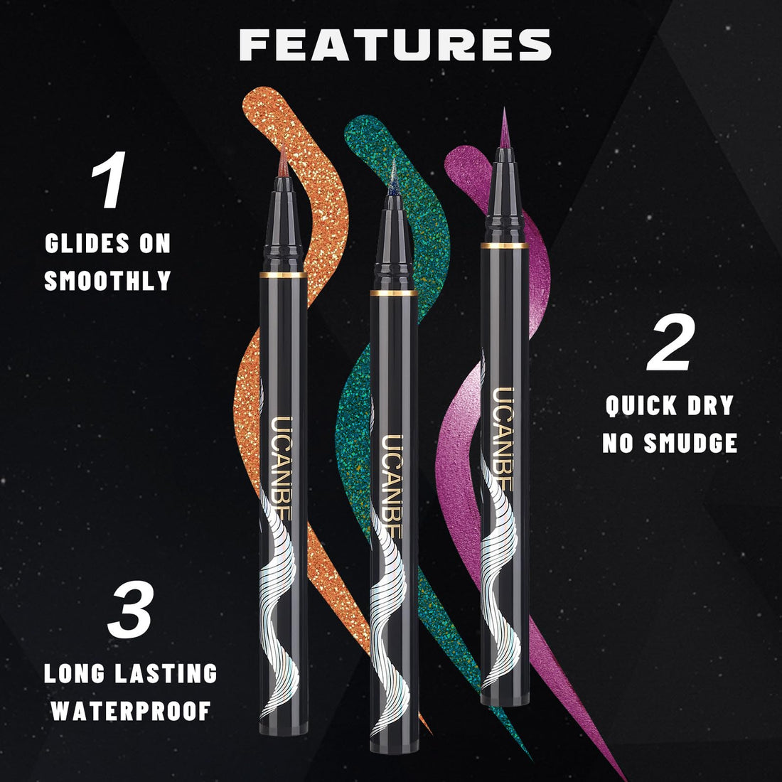 UCANBE 3PC Glitter Liquid Eyeliner Makeup Pen, Green, Pink, Orange Color Metallic Satin Finish Eye Liner Set, Long Lasting High Pigmented with Waterproof & Smudge Proof Formula