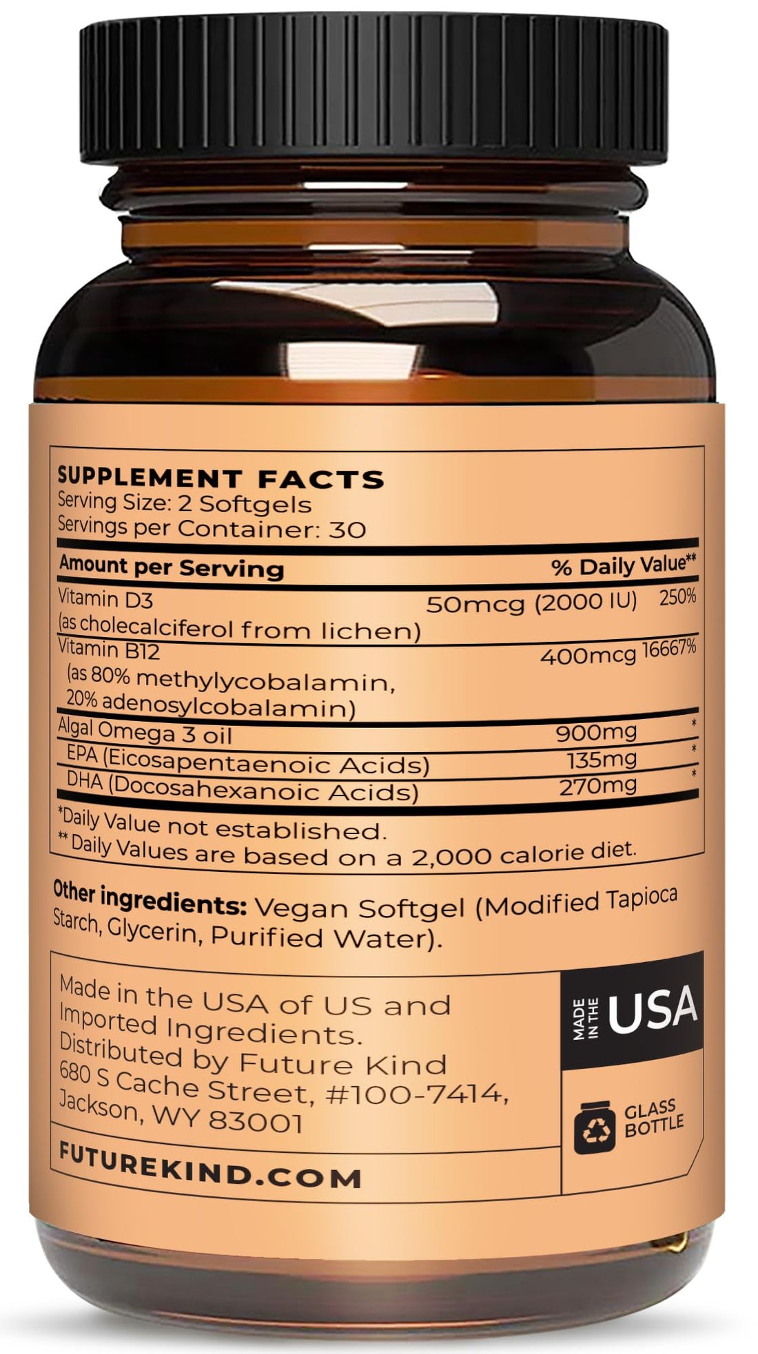 Future Kind Vegan Multivitamins - Glass Bottle & Made for Vegans with Omega 3 DHA, EPA, Vitamin B12 & D3 for Energy, Focus, & Mood (60 Softgels)