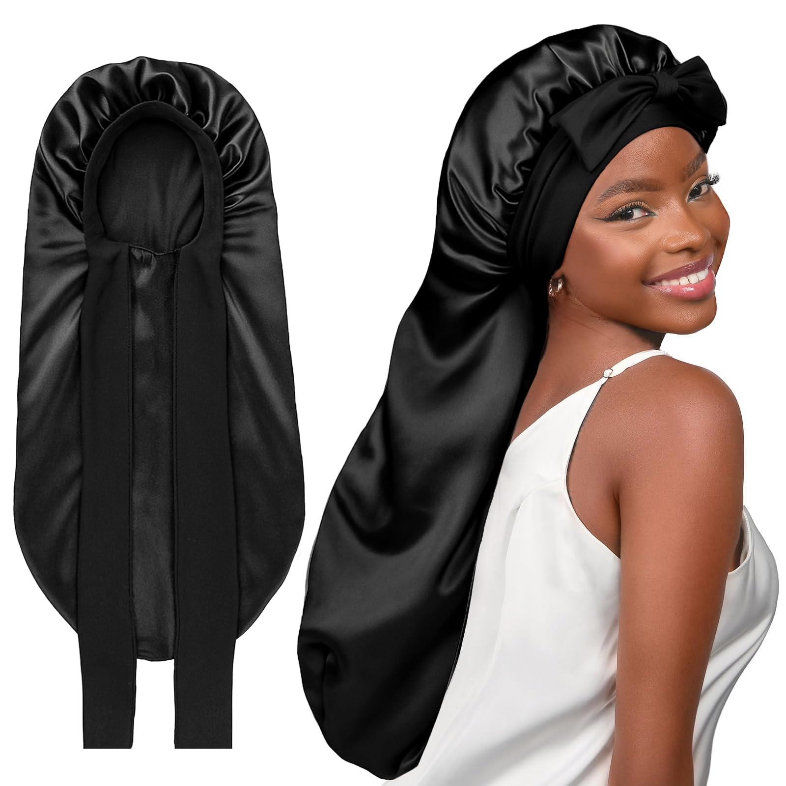 YANIBEST Long Bonnet Satin Bonnet for Sleeping Braid Bonnet with Tie Band Silk Sleep Bonnet for Women Locs Black
