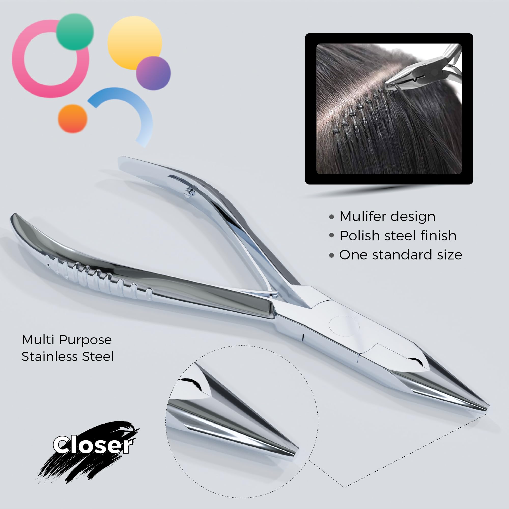 Suvorna Hairpal 3 Piece Micro Ring Hair Extension and Beading Plier Tool Kit Set, Polished Steel