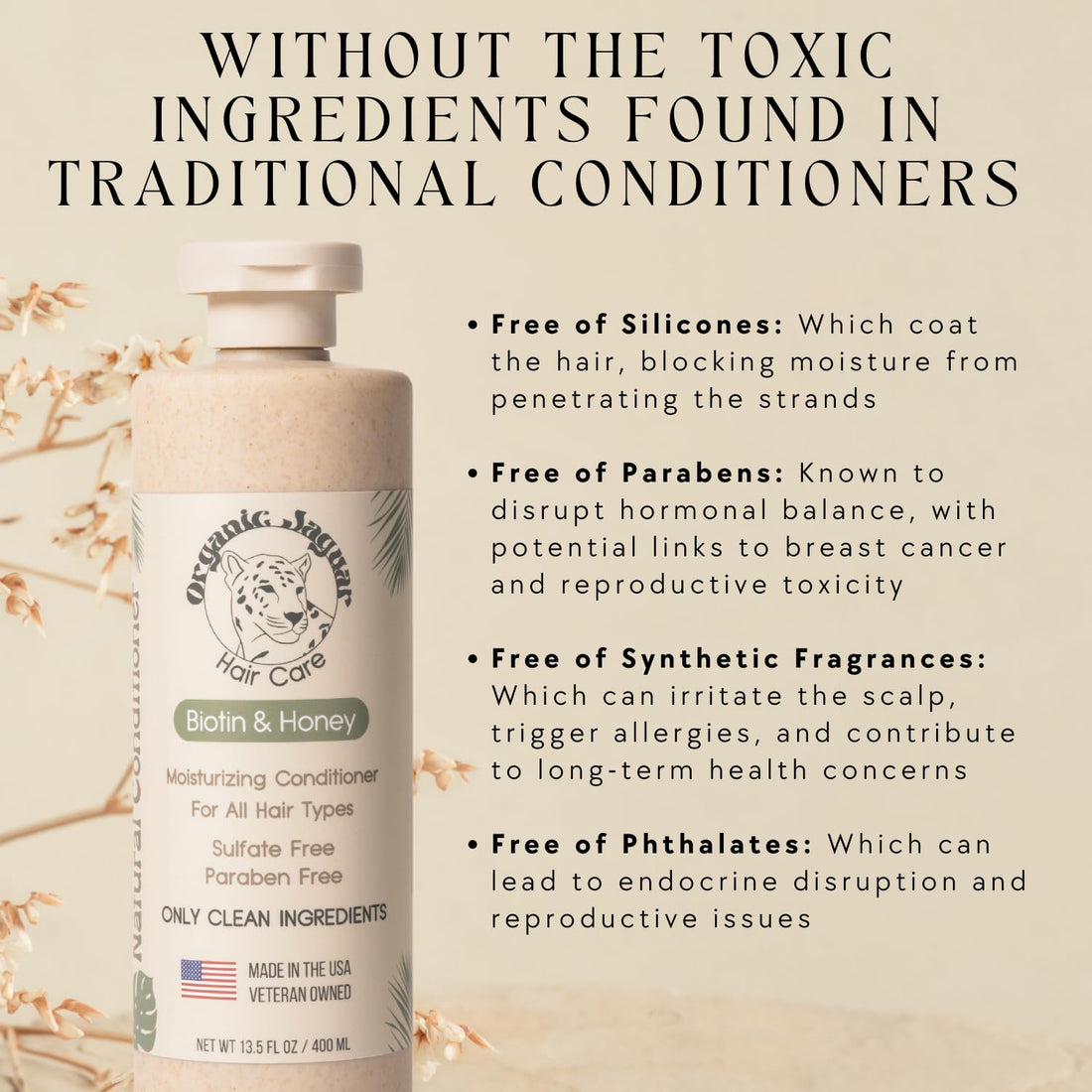 Organic Jaguar Natural Conditioner for Hair Care, Sulfate Free Conditioner with Vitamin E, Castor, Argan and Almond Oil, Rosemary and Peppermint Scent, Dry to Color Treated to All Hair, 13.5 fl oz