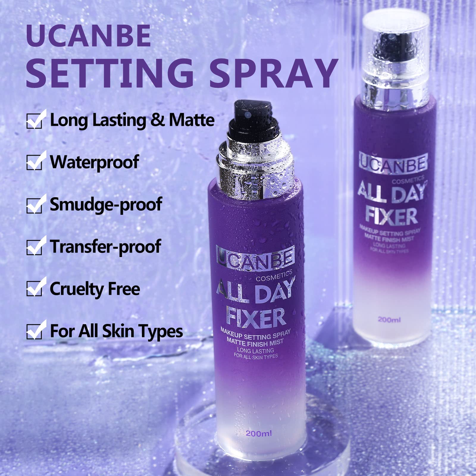 UCANBEMAKEUP Long Lasting Makeup Setting Spray Kit- 6.76 Fl oz Hydrating Matte Finish Mist Lightweight Face Make up Fixer +Travel Size Spray Bottle+Sponge Puff Makeup Set