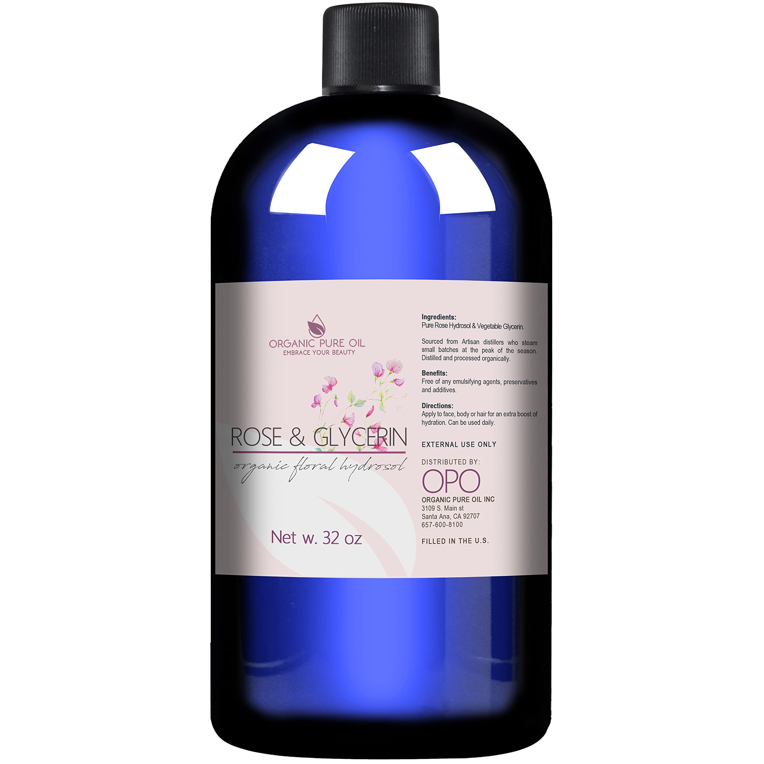 Rosewater Glycerin Mist Toner Bulk Spray Facial Body Floral Cleanser Pure Rose Hydrosol Vegetable Glycerine Moisturizing Cleansing Toning Mix Face Skin Hair Body - Packaging May Vary (32 Ounces)