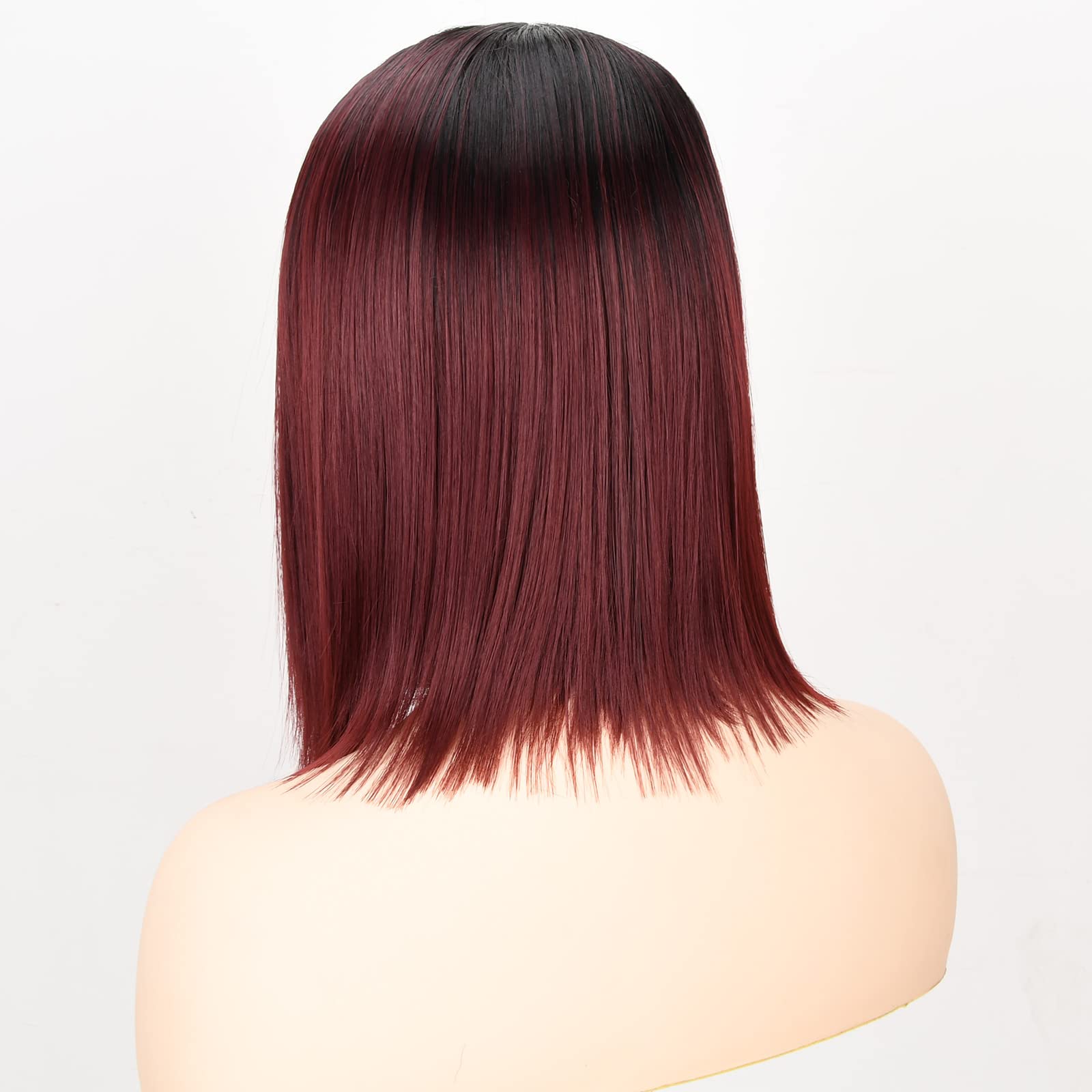 #1B/99J: Ahairbeauty Red Ombre Short Bob Straight Synthetic None Lace Hair Wigs Dark Roots Left Part For Women Black & Burgundy(#1B/99J)