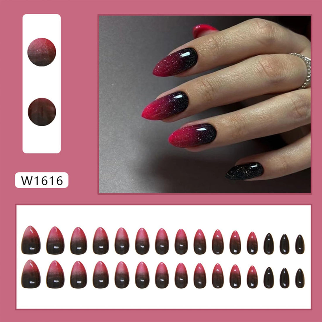 Red Press on Nails Almond Short Fake Nails with Designs Ombre Red Black False Nails Press ons Glossy Full Cover Acrylic Glue on Nails Cute Artificial Stick on Nails for Women Manicure 24Pcs
