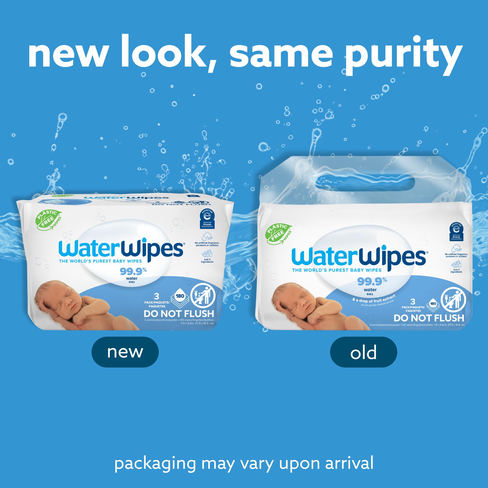 WaterWipes Plastic-Free Original Baby Wipes, 99.9% Water Based Wipes, Unscented & Hypoallergenic for Sensitive Skin, 180 Count (3 packs), Packaging May Vary