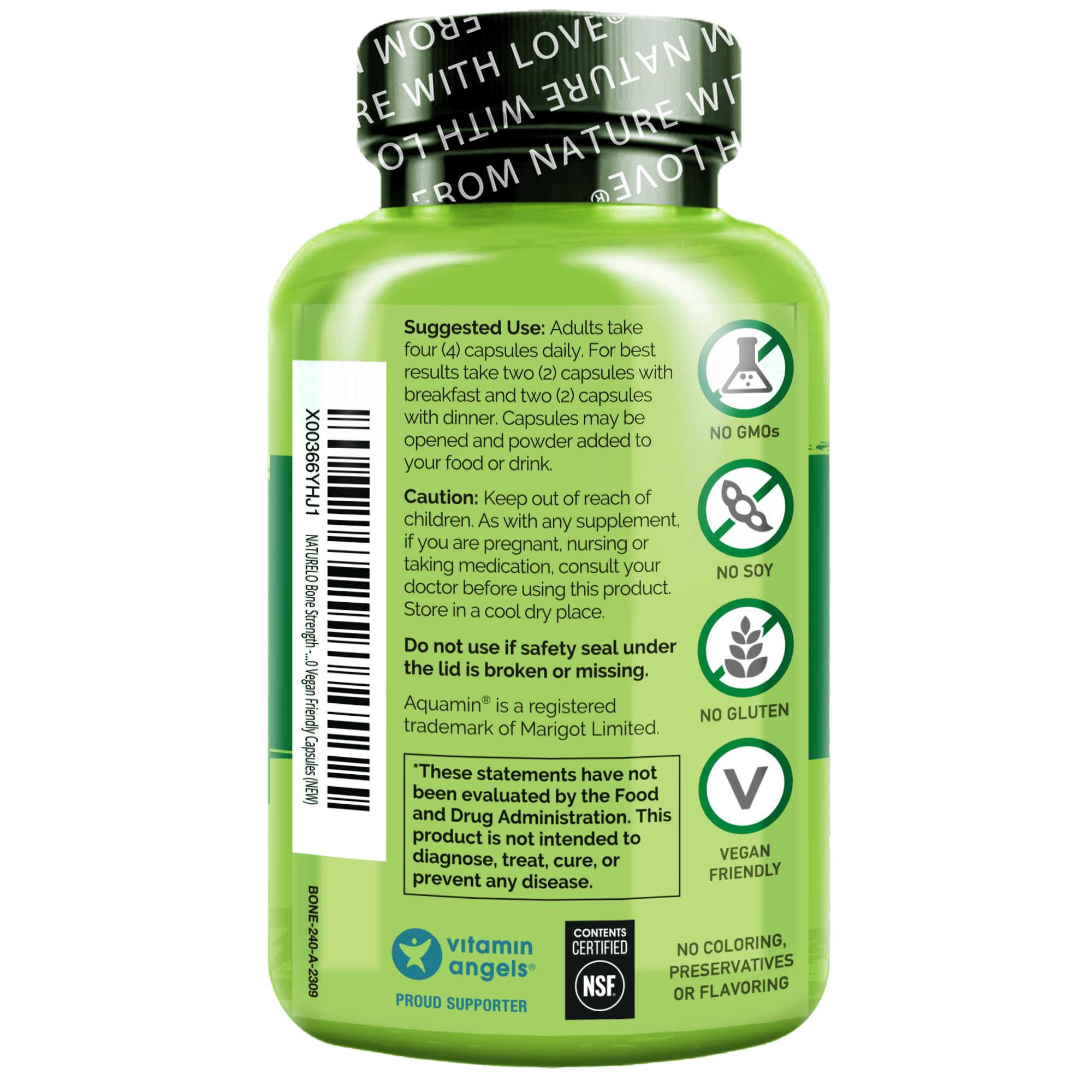 NATURELO Plant-Based Calcium Supplement with Vitamin D3, K2, C, Magnesium & Zinc – 600mg Calcium for Bone Strength & Joint Health – Non-GMO, Soy-Free, Gluten-Free – 240 Vegetarian Capsules