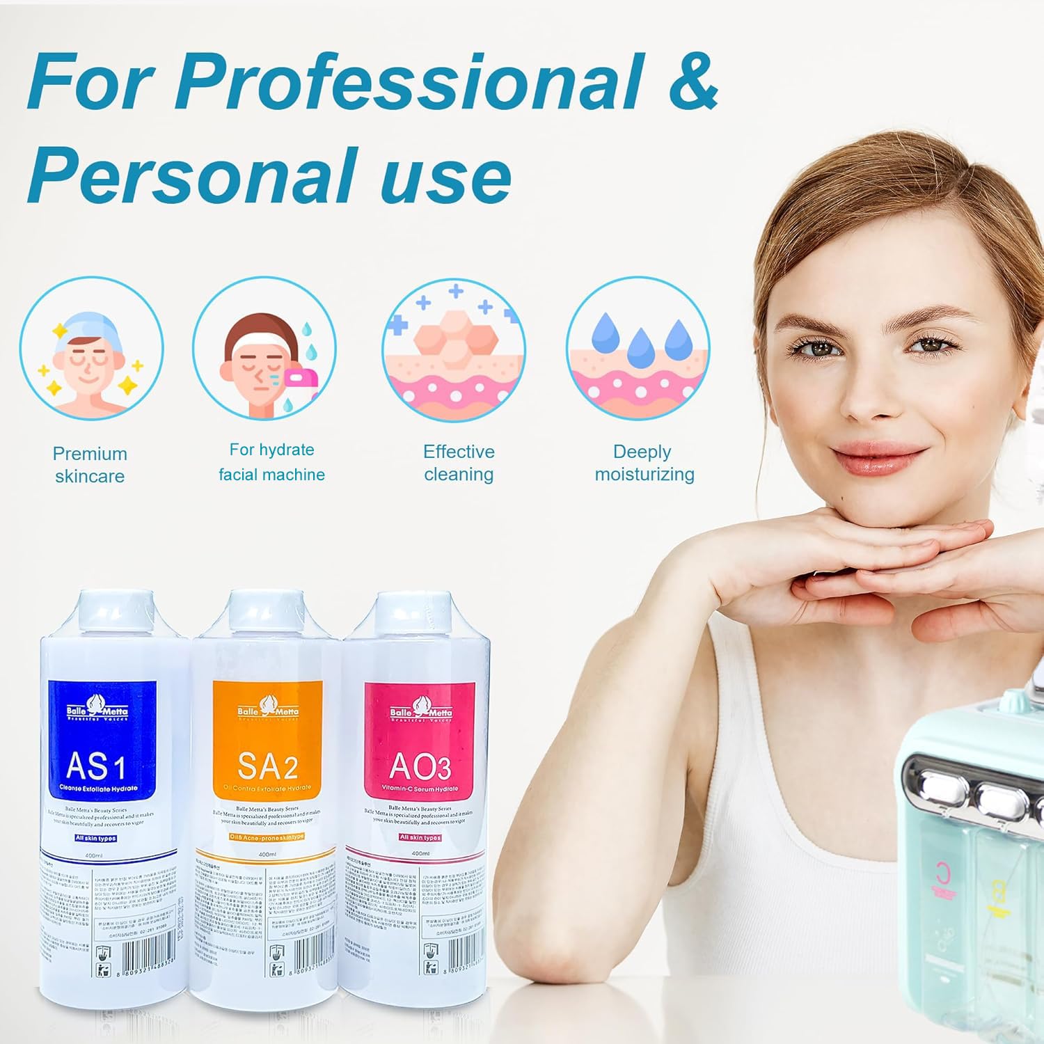 YMEYFAN SA2 Solution for Hydrating Hydrogen Oxygen Facial Machine Professional, AS1 SA2 AO3 Aqua Peeling Solution Serums for Facial Cleansing, Face Skin Care, Hydration, Exfoliate (400ml/3Pcs)