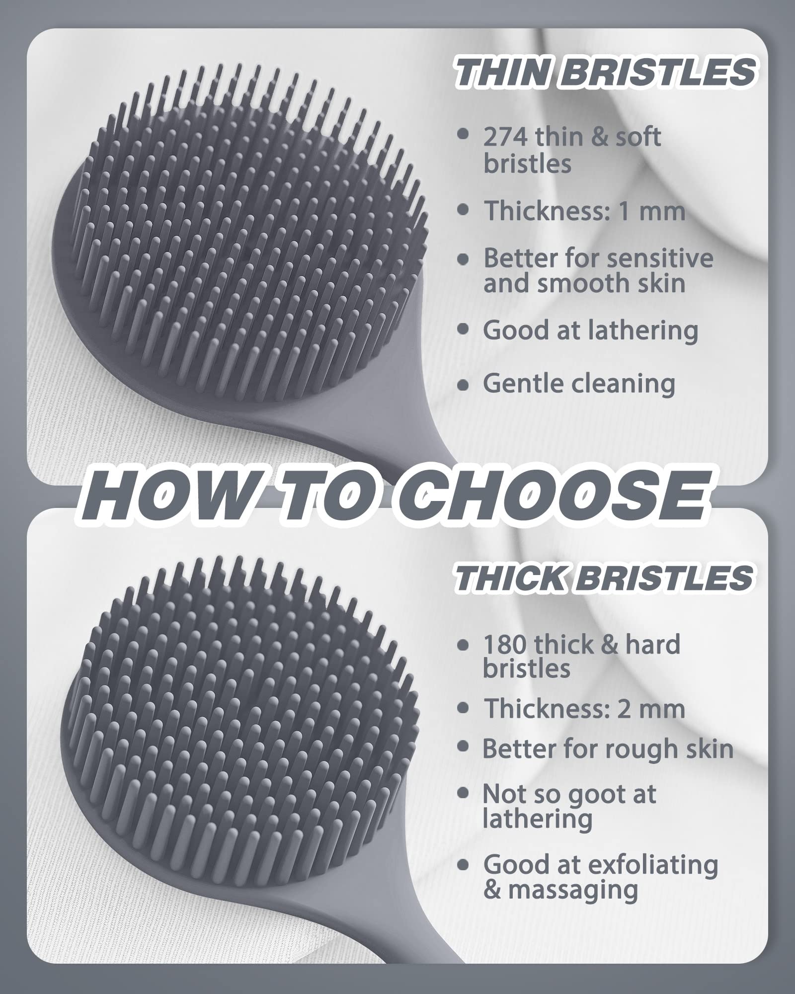 ManmiHealth Silicone Back Scrubber & Soft Shower Brush Set(2 PCS), Super-Exfoliating Body Scrubber (Thin Bristles)& Super-Lathering Bath Glove Combination, with a Free Hook (Grey)
