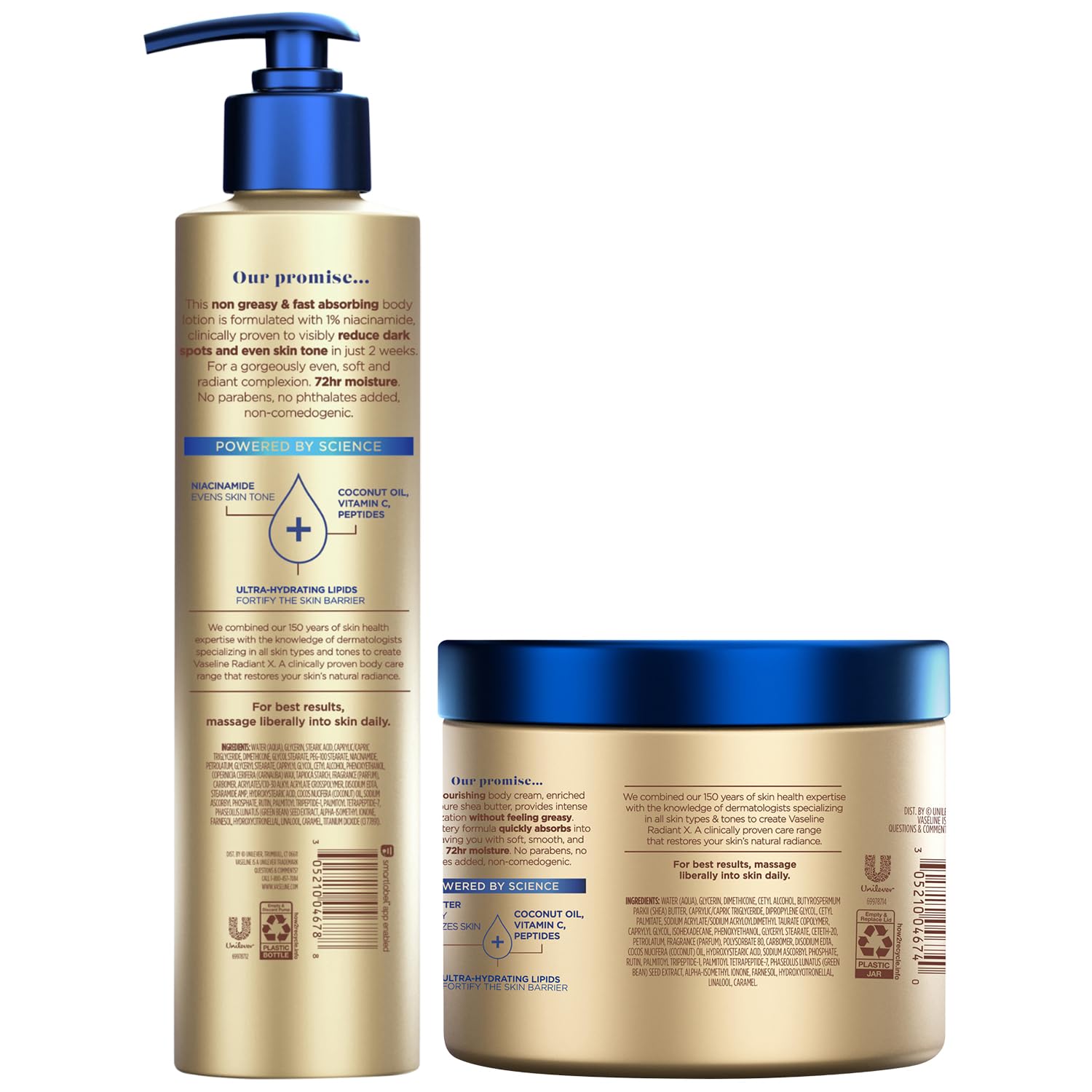 Vaseline Radiant X Skin Care Set –Even Tone Nourishing Body Lotion with 1% Niacinamide + Deep Nourishment Body Cream with Shea Butter & Vitamin C (2 Piece Set)