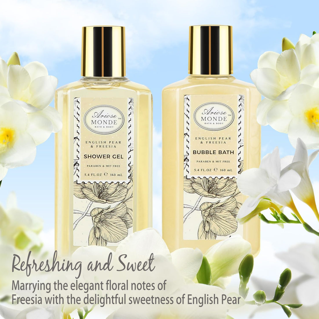 Bath & Shower Spa Gift Basket Set, with English Pear & Freesia Fragrance Bath Gift Basket for Women & Men Includes Body Lotion, Shower Gel, Bath Salts, Bubble Bath, Body Scrub and More, 8 Pcs