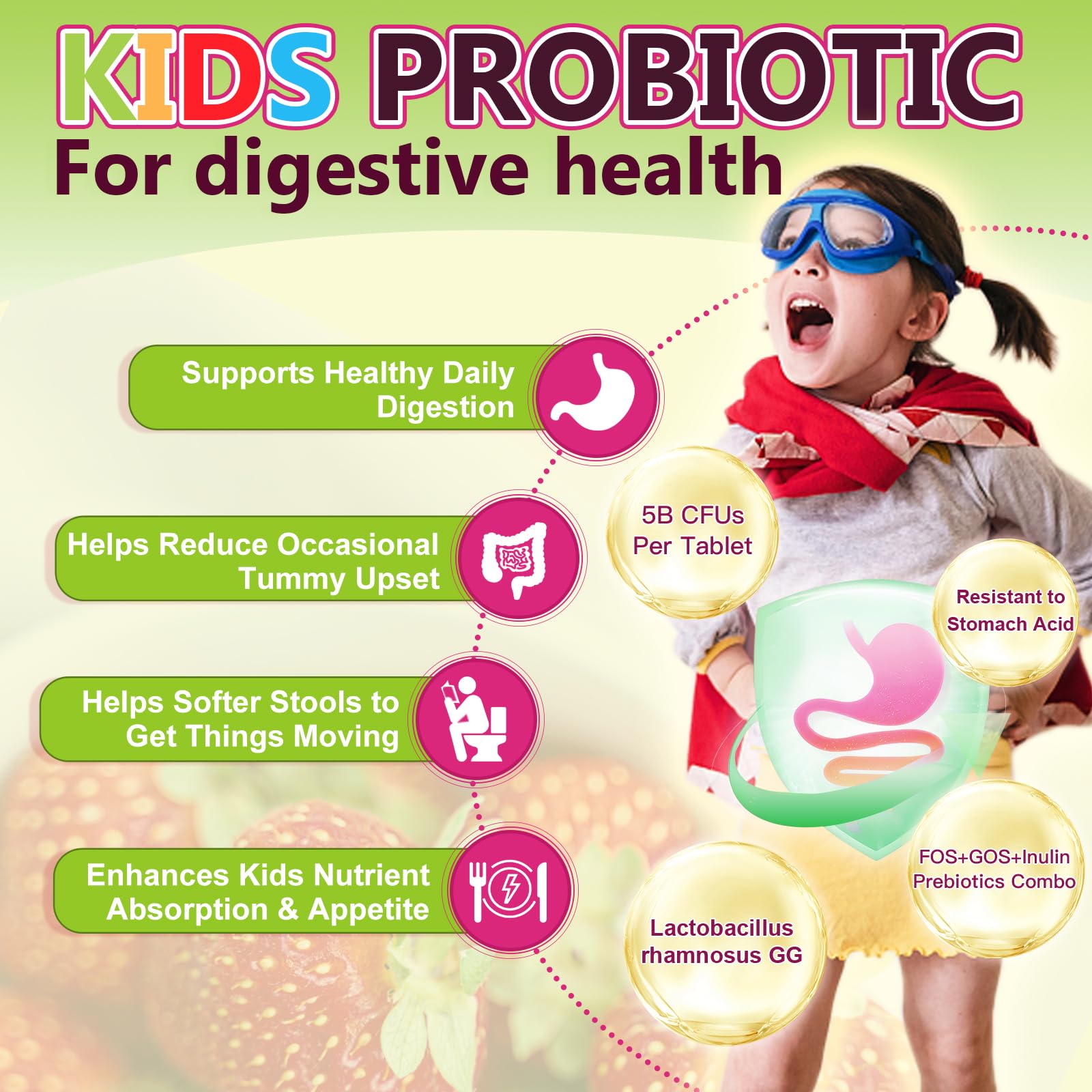 NATURE TARGET Kids Probiotic Chewable, 5 Billion CFUs Probiotics + Prebiotics for Ages 3+, Probiotics for Digestive Health, Immune Support & Appetite Booster, Natural Strawberry Flavor, 75 Servings