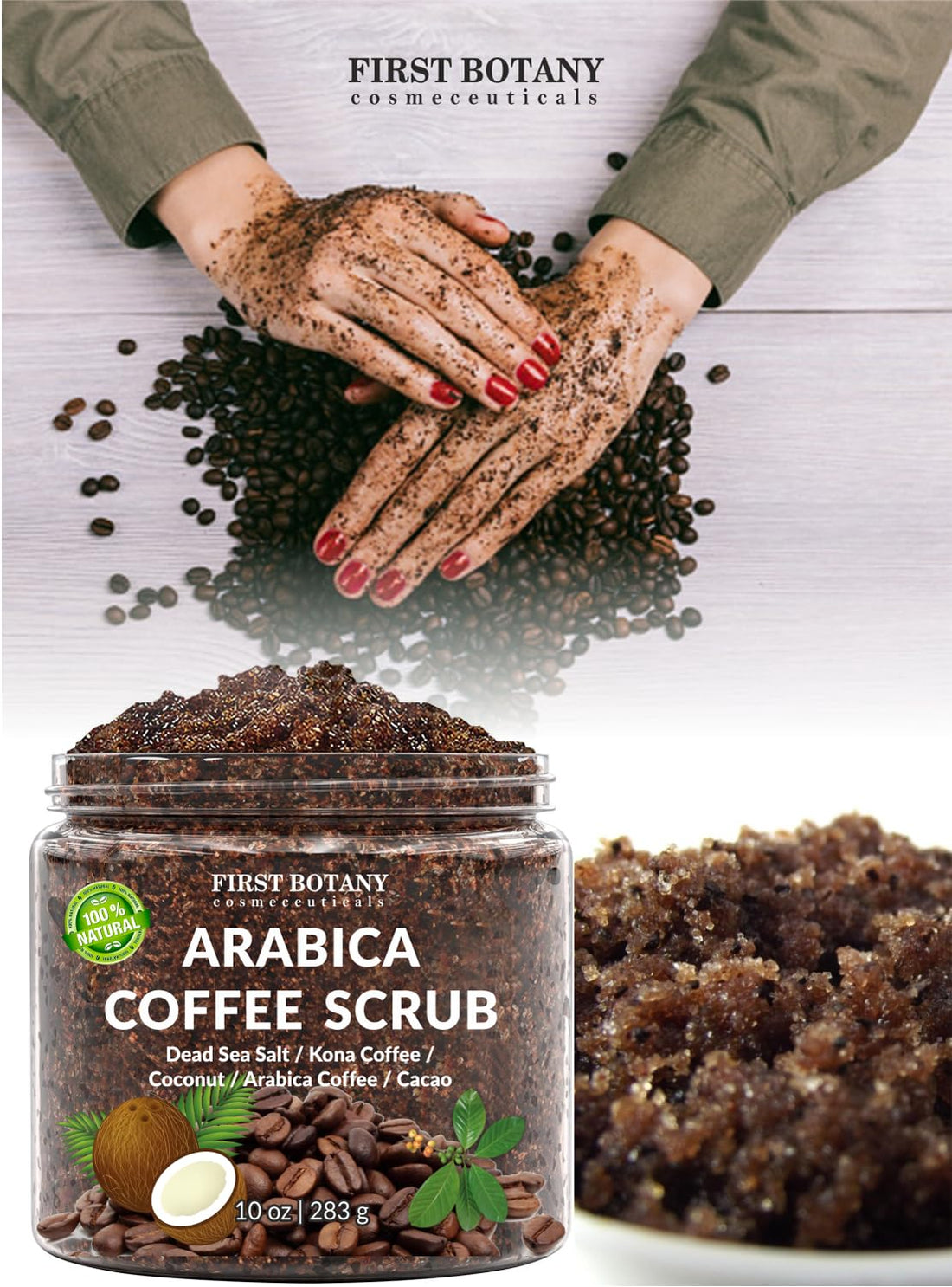 100% Natural Arabica Coffee Scrub with Organic Coffee & Shea Butter - Best body scrub 10 oz