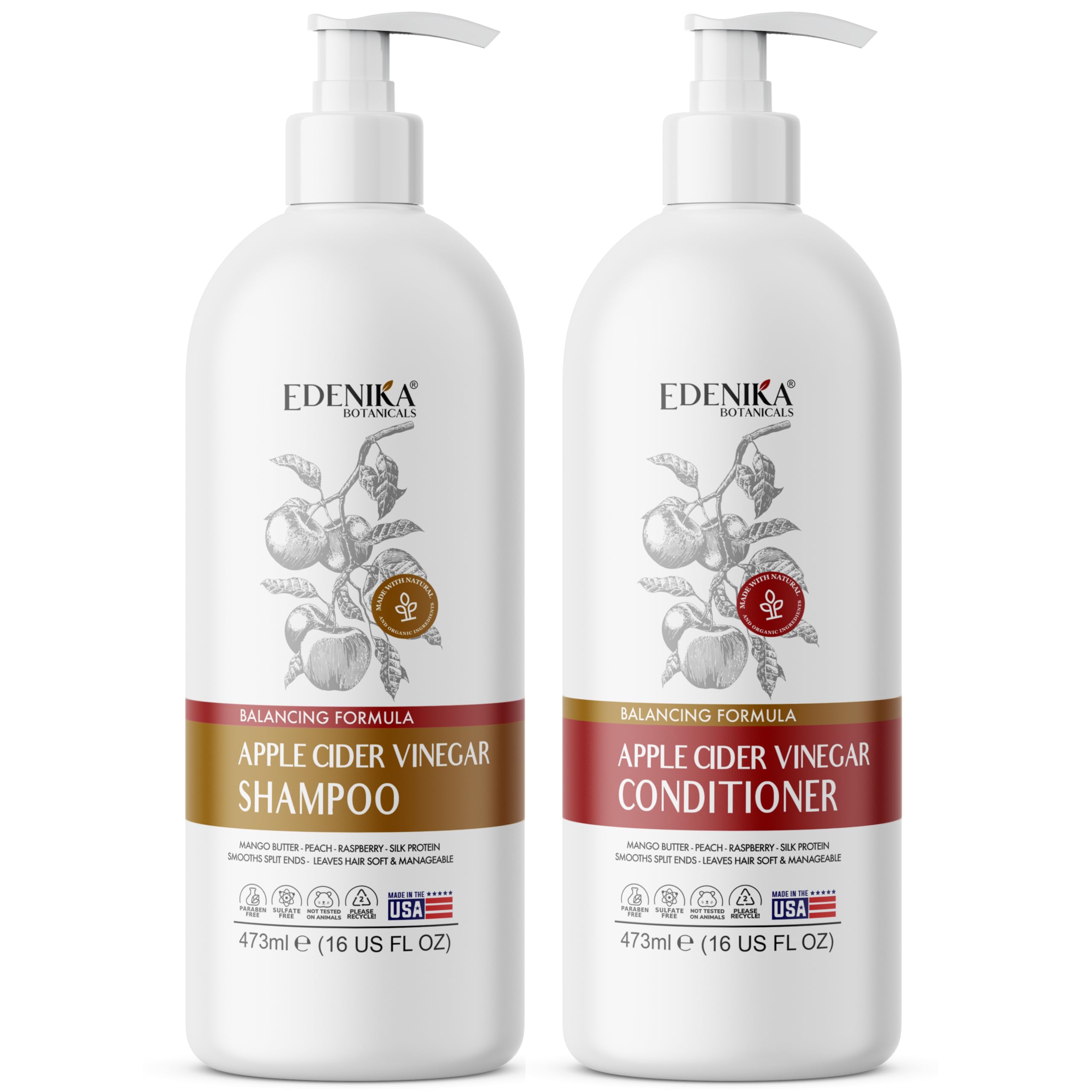 Apple Cider Vinegar Shampoo and Conditioner, Daily Clarifying & Detox, pH Balance, Itchy Scalp Relief, Cleanses Dandruff & Buildup, Adds Shine & Volume, for Oily Hair – 16 fl oz Each