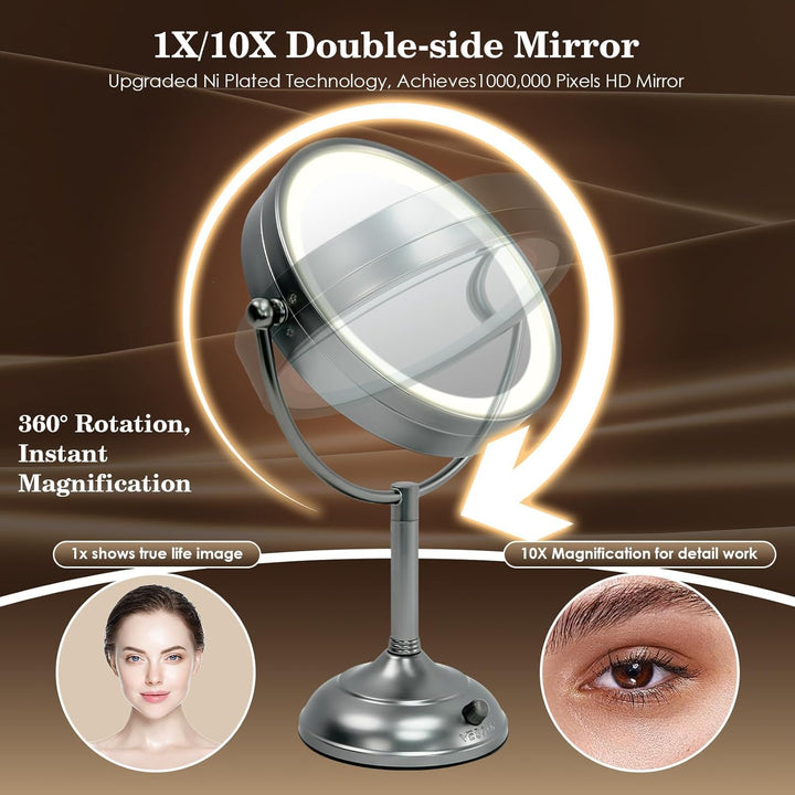 VESAUR 8.5 Unique Black Nickel Lighted Makeup Mirror, 1X/10X HD Undistorted Magnifying Mirror with 3 Color Light, 80 Eye-Care LED Lights Dimmable, 360°Swivel Seamless Glass Vanity Mirror, Gift Box