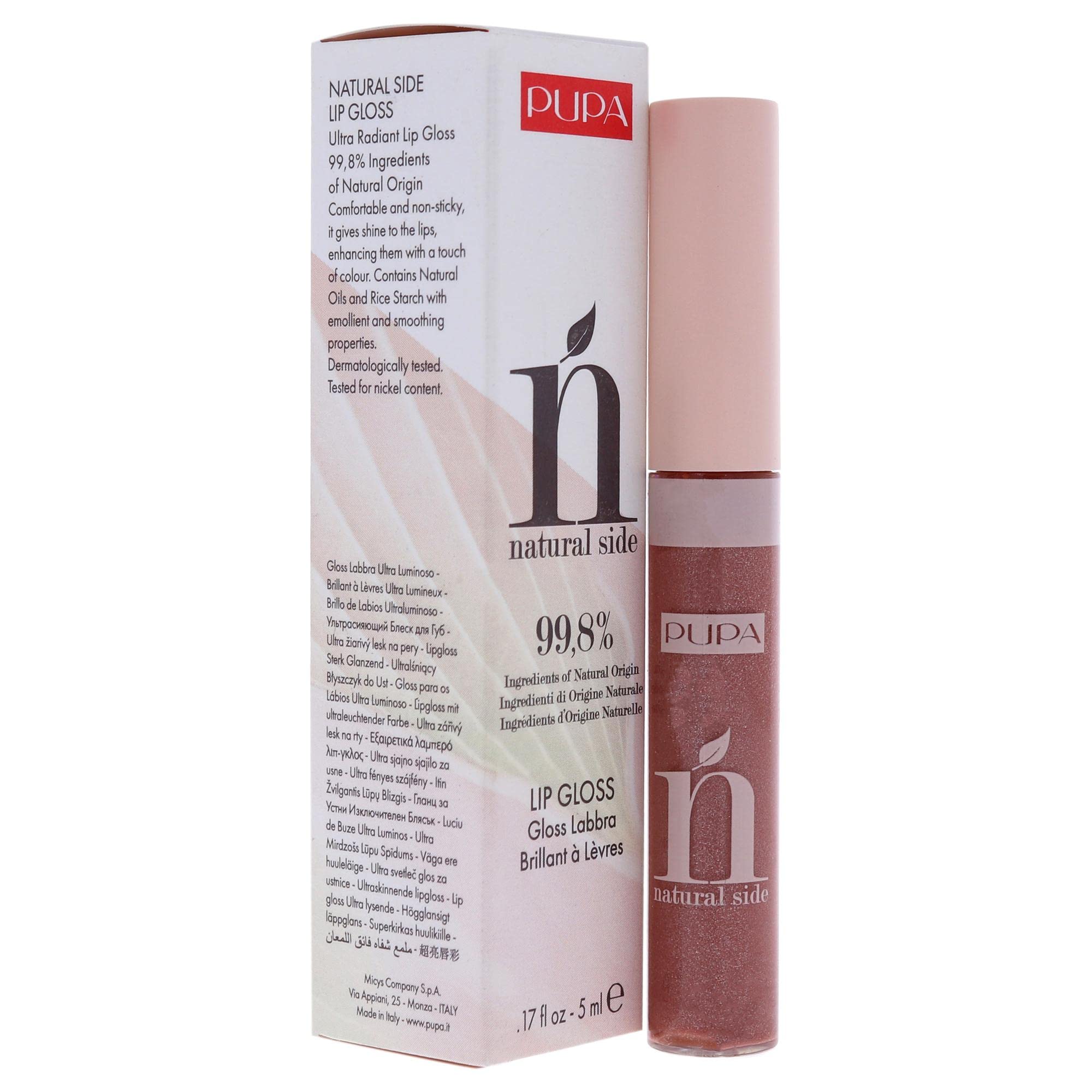 Pupa Milano Natural Side Lip Gloss - Ultra Radiant Effect With 99.8% Ingredients of Natural Origin - Comfortable and Non-Sticky - Contains Natural Oils and Rice Starch - 004 Pearly Nude - 0.17 Oz