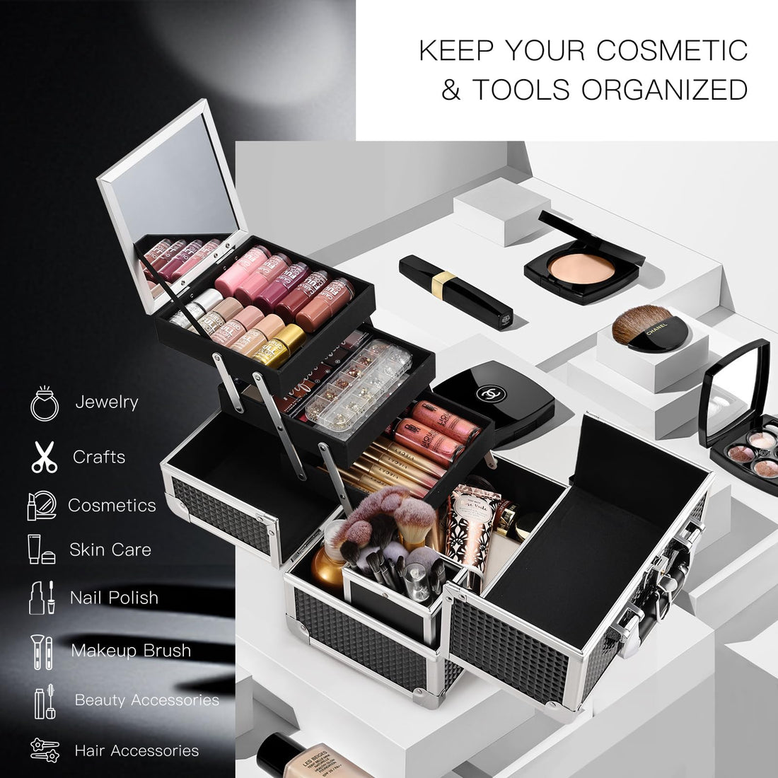Joligrace Makeup Train Case Professional Cosmetic Box Travel Organizer with Mirror & Lock Black Pattern