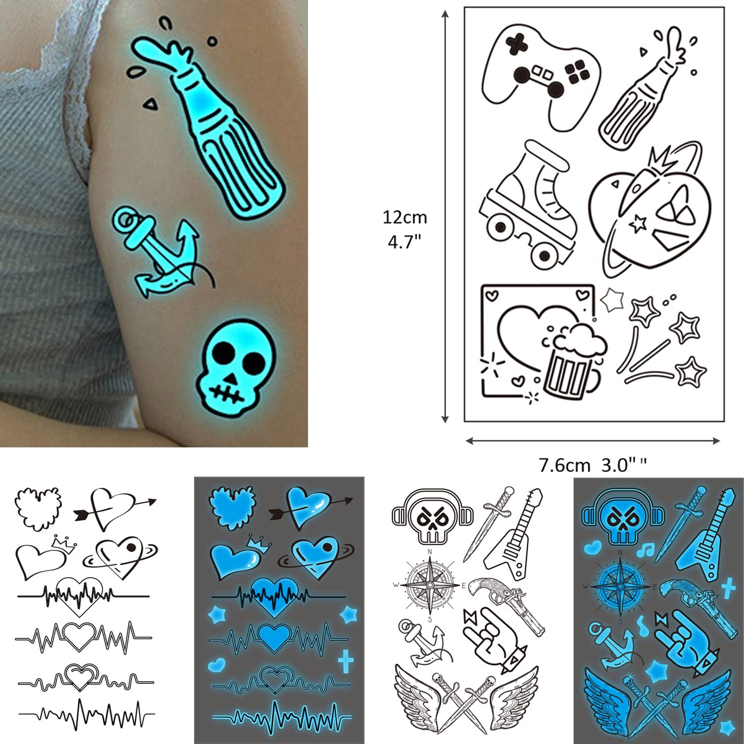 glaryyears 80+ Glow in the Dark Blue Temporary Tattoos for Adults, Mixed Style Tattoo, Luminous Pub Music Sexy Holiday Guns Fake Tattoo, Men Women Party Favor Supplies
