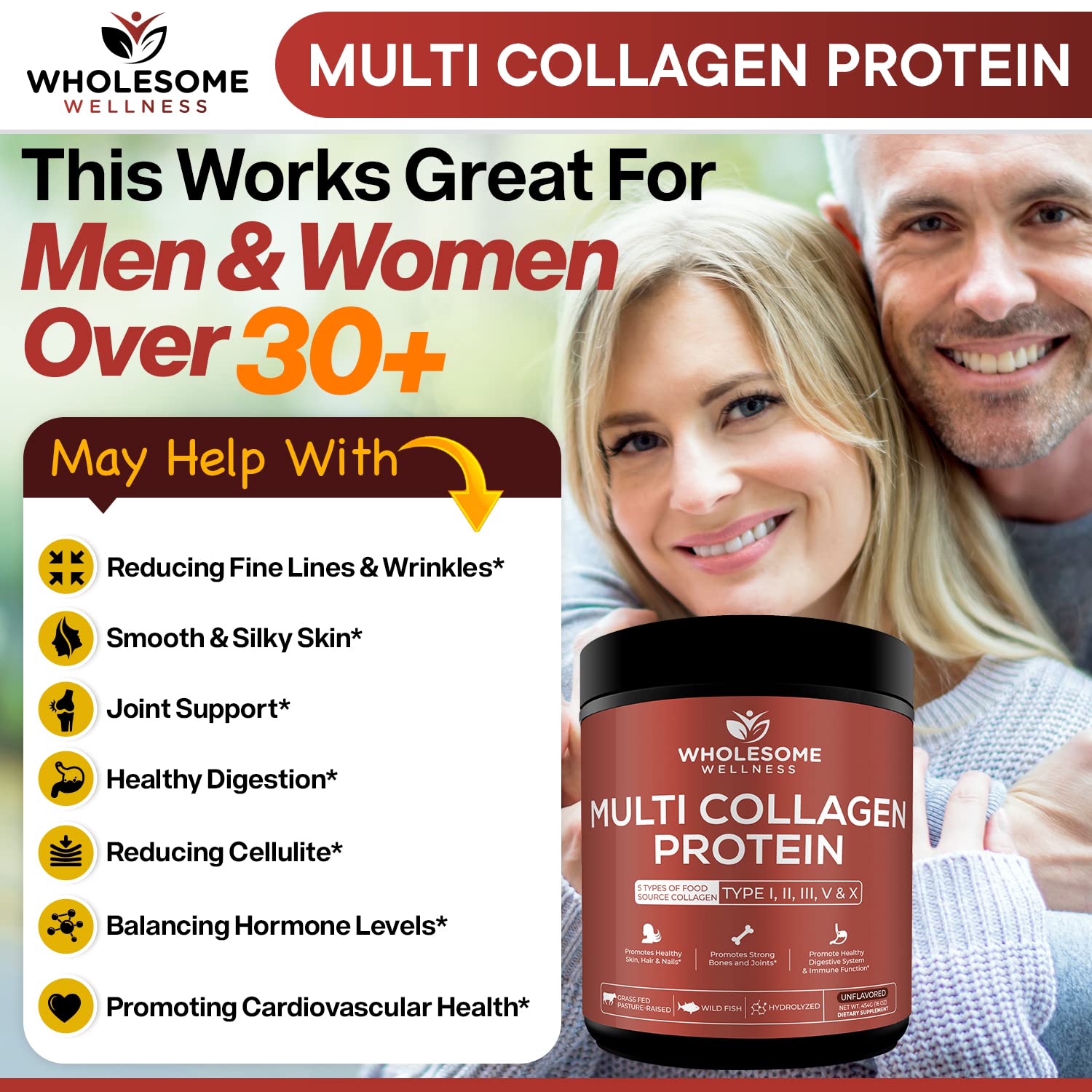 Wholesome Wellness Multi Collagen Protein Powder Hydrolyzed (Type I II III V X) Grass-Fed All-in-One Super Bone Broth + Peptides - Premium Blend of Beef, Chicken, Wild Fish, Eggshell, 58 Servings
