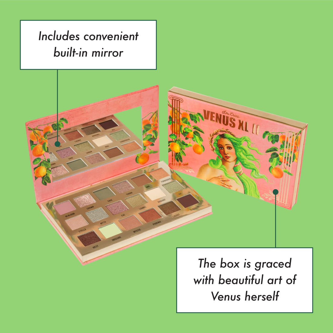 Lime Crime Eye & Face Palette, Venus XL II - 18 Highly Pigmented Matte and Metallic Shades of Earthy Tones in Pinks, Neutrals & Greens - Highly Pigmented Color & Easy to Blend - Mirrored Box