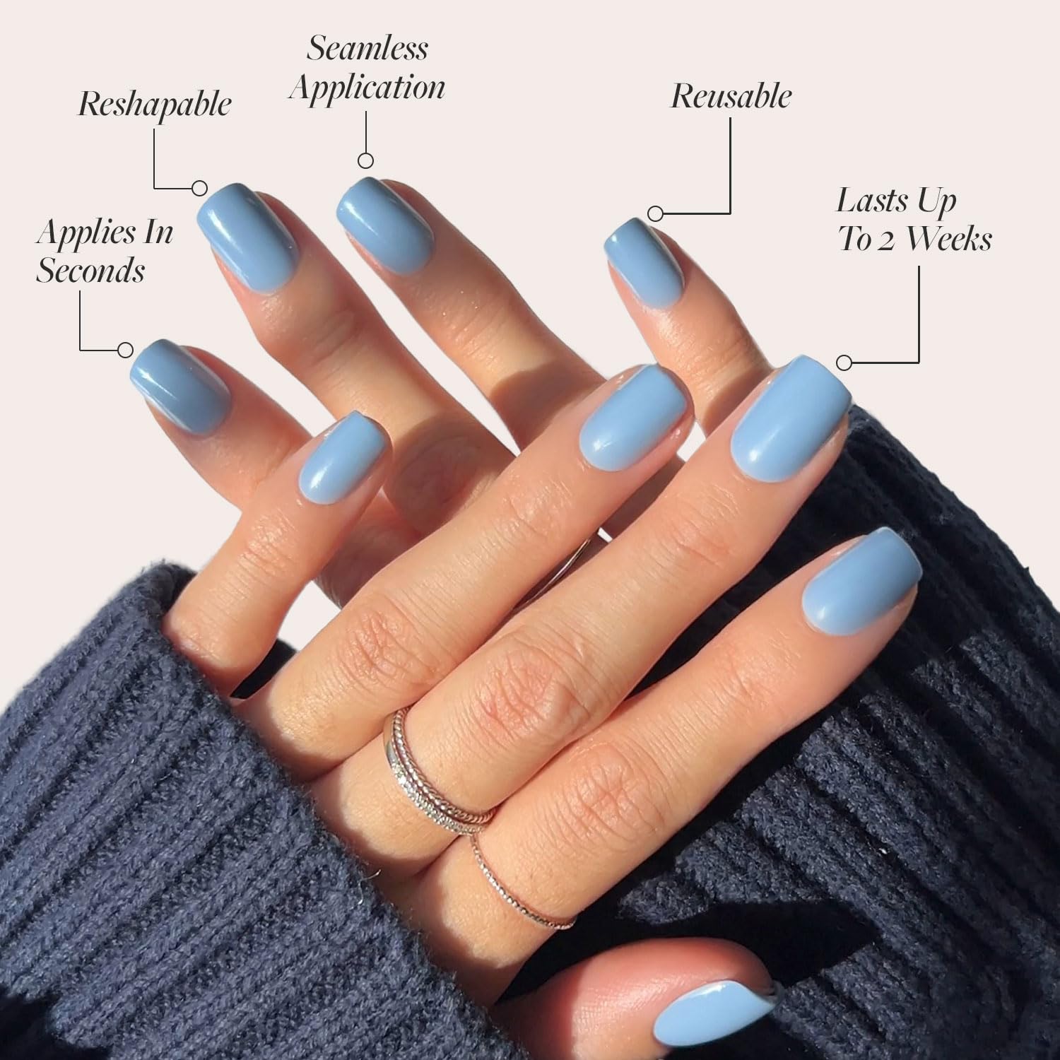 Glamnetic Press On Nails - Cashmere Blue | Opaque Soft Pale Sky Blue Short Squoval Fake Nails, Salon Quality | 15 Sizes - 30 Nail Kit