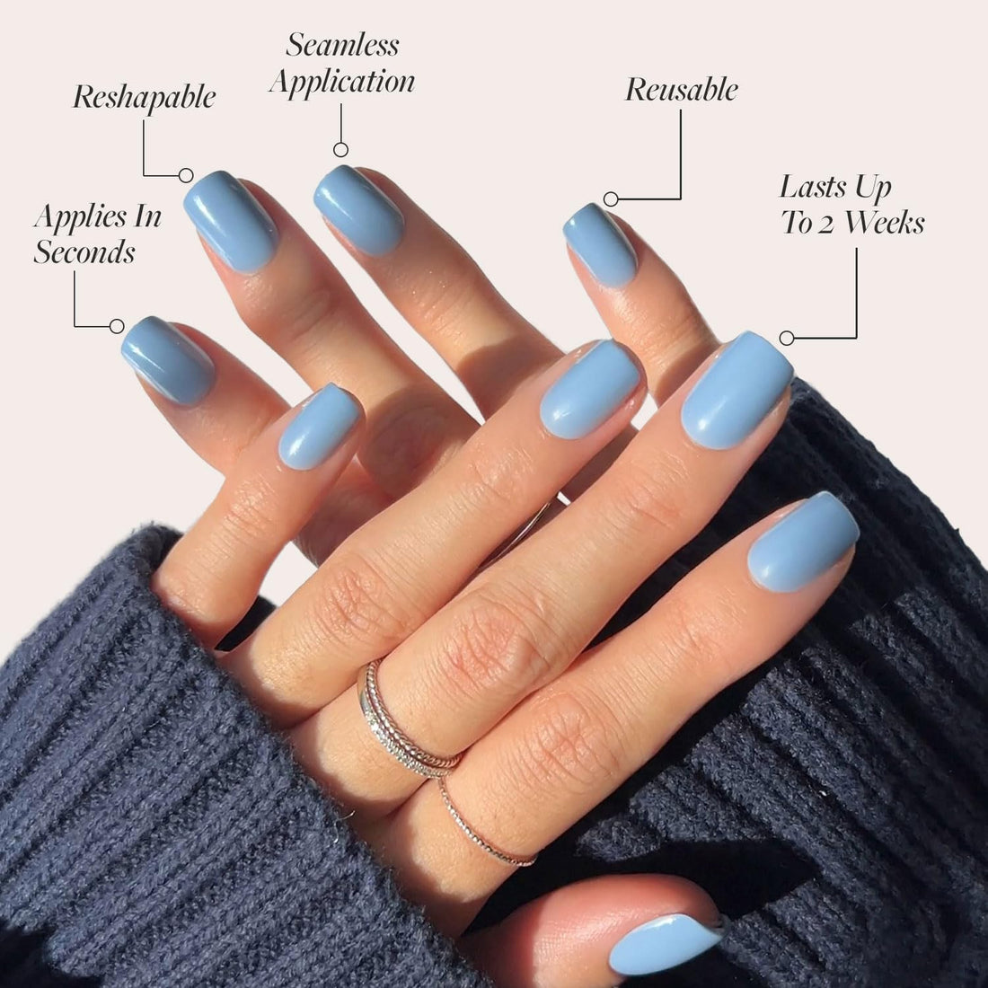 Glamnetic Press On Nails - Cashmere Blue | Opaque Soft Pale Sky Blue Short Squoval Fake Nails, Salon Quality | 15 Sizes - 30 Nail Kit