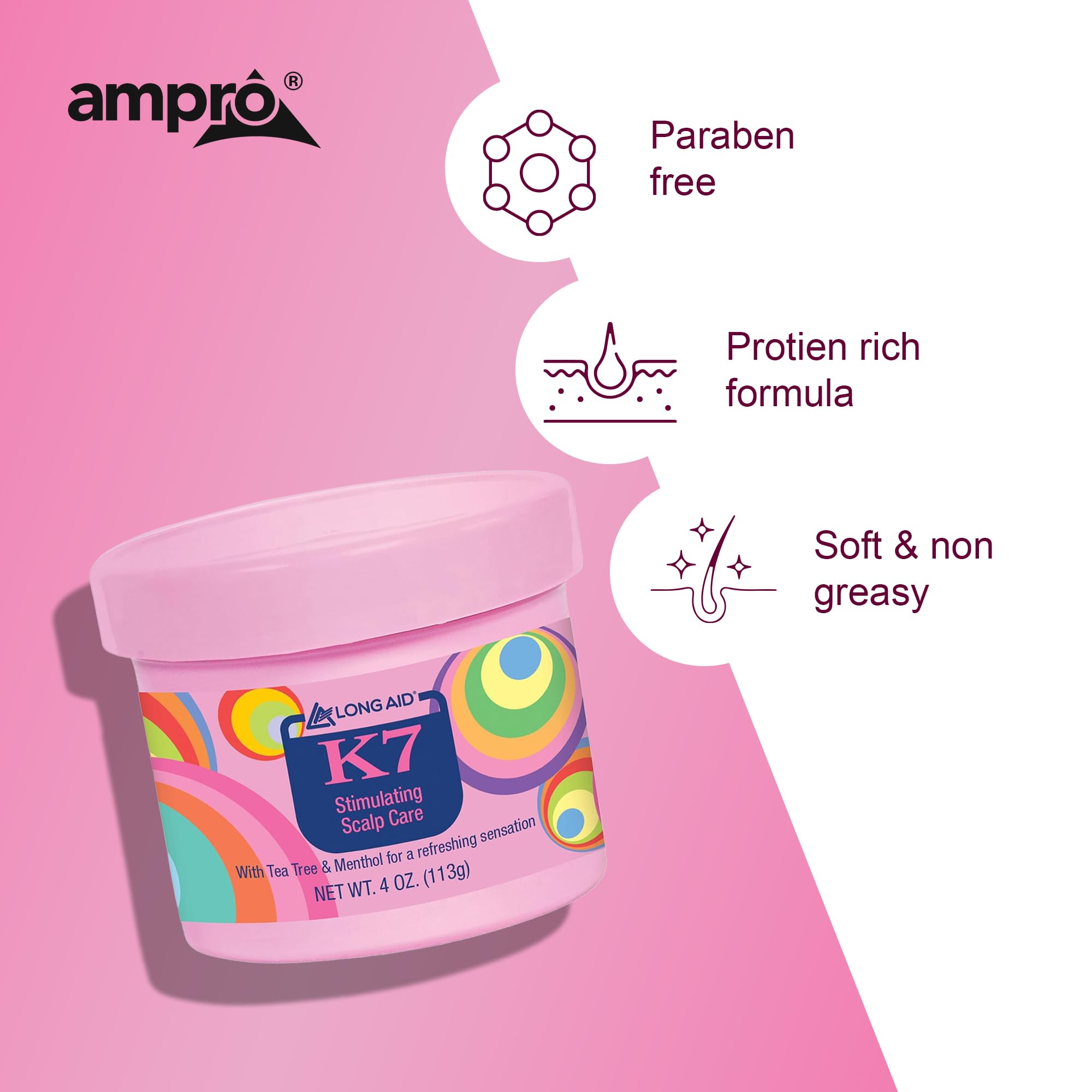 AmPro Long-Aid K7 Stimulating Scalp Care Conditioner - Tea Tree and Castor Oil Nourishes Dry Scalps - Cooling Sensation of Menthol Helps Soothe and Energize - Free of Alcohol and Dyes - 4 oz