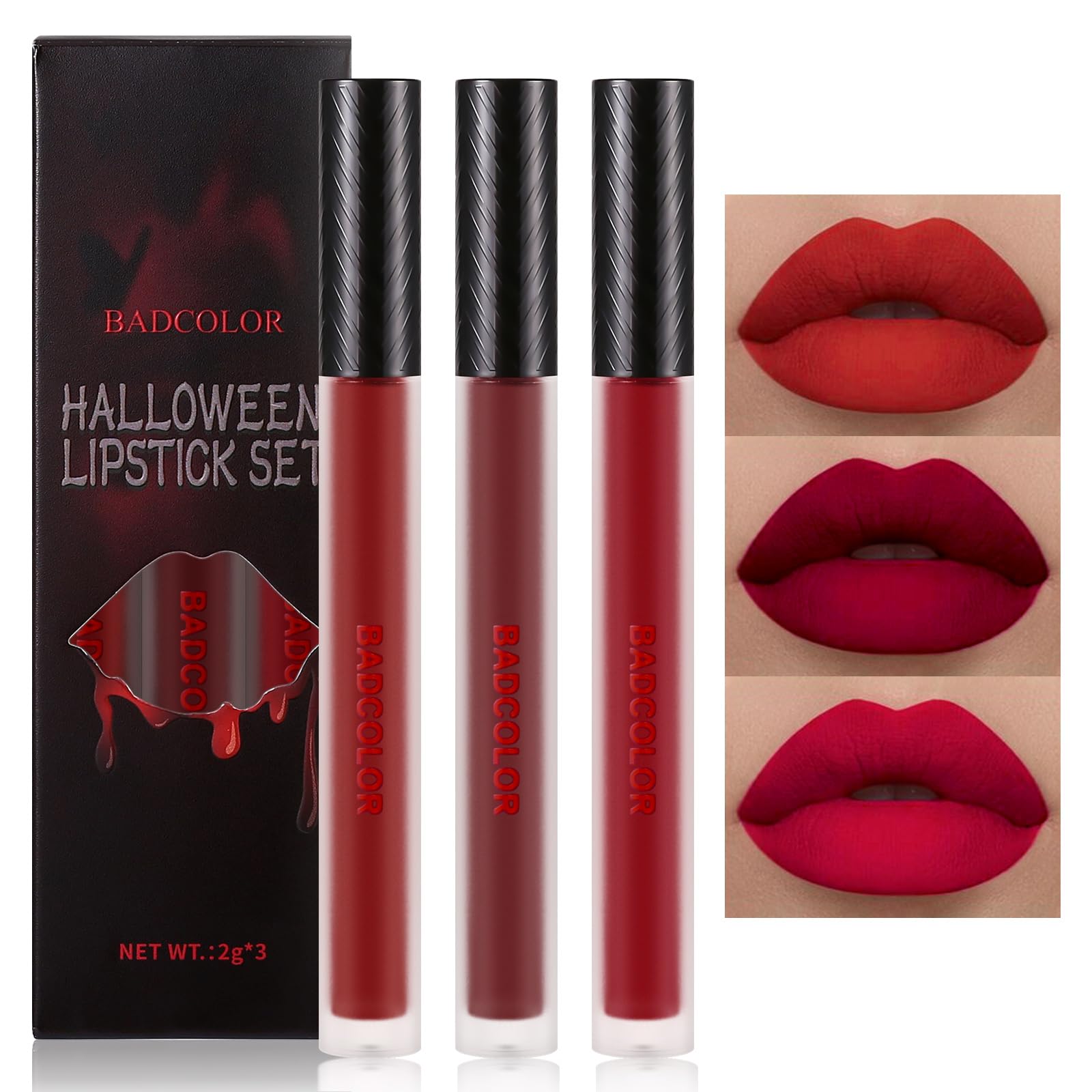 3 Colors Red Matte Liquid Lipstick Set, Burgundy Ruby Red Lip Gloss for Women, Vampy Halloween Makeup, High Impact Long Lasting Lip Stain Velvet Nonstick Cup Smudge Proof & Waterproof Lip Tint
