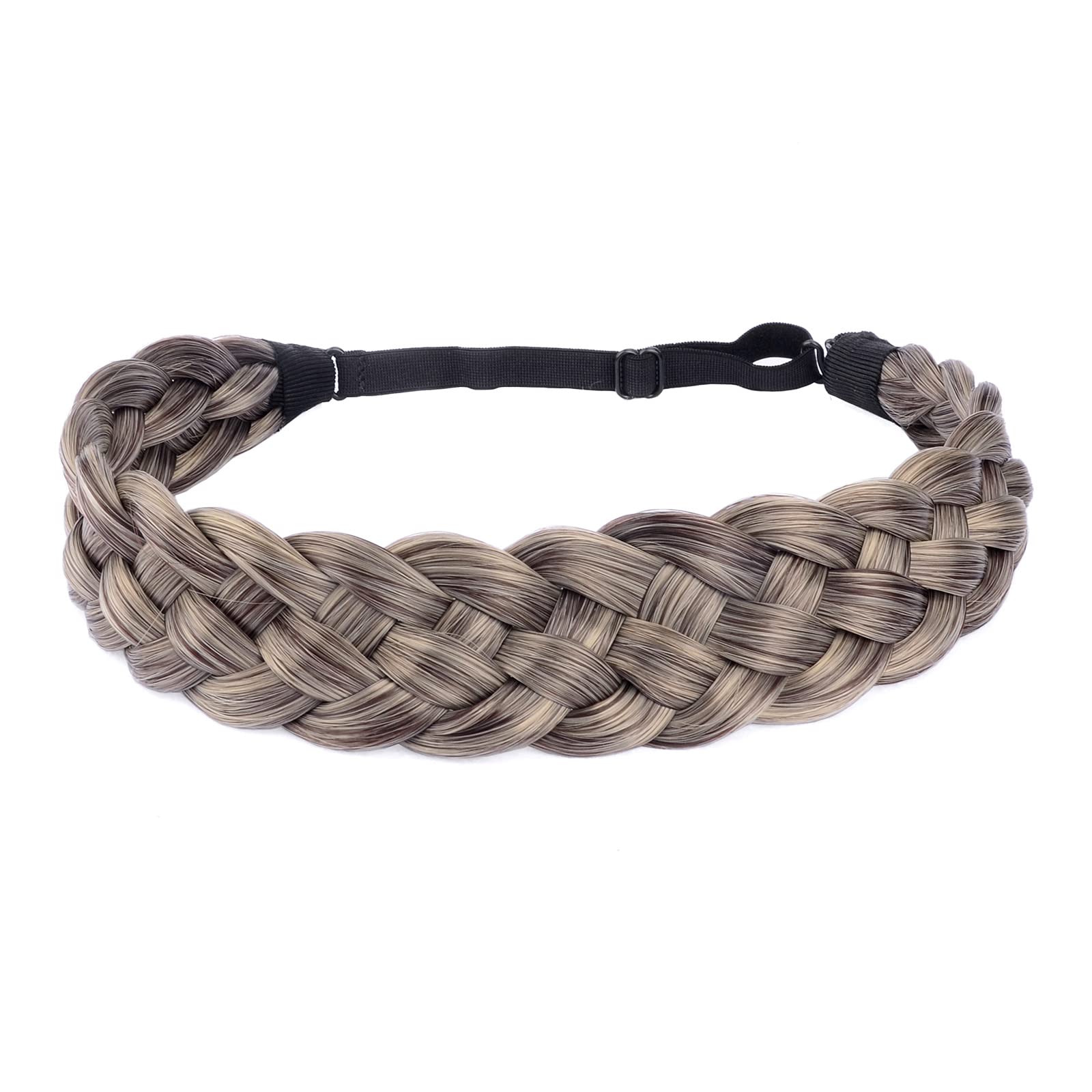 BOBIYA Synthetic Hair Braided Headband 5 Strands Classic Chunky Wide Plaited Braids Elastic Stretch Hairpiece for Women Girl Beauty Accessory, 56g (Gray Brown)