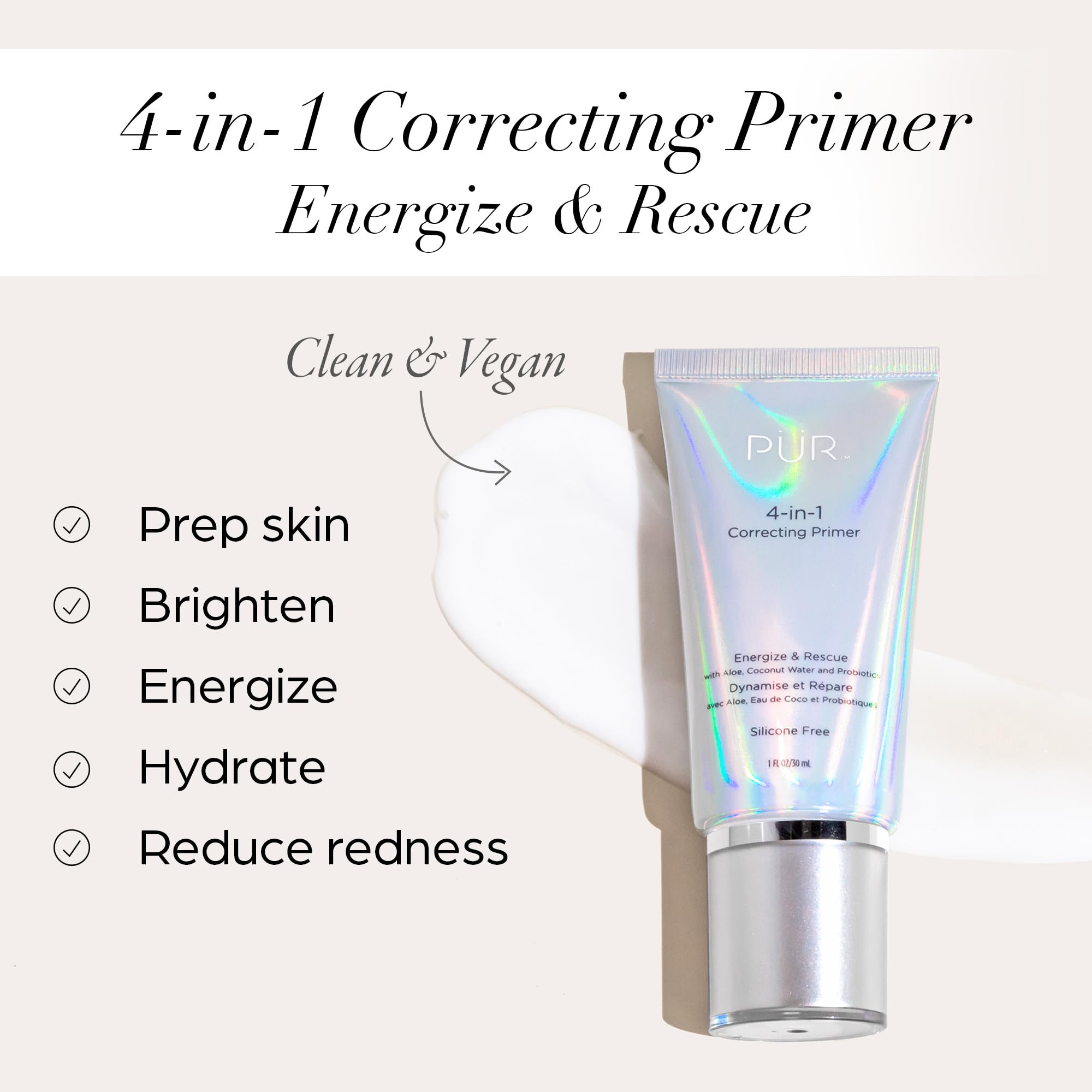PUR Beauty 4-in-1 Correcting Primer, Energize & Rescue - Primer for Face Before Makeup - Primer Face Makeup for Women - Silicone-Free Make Up Hydrating Primer Helps Reduce Redness, 1 Fl Oz