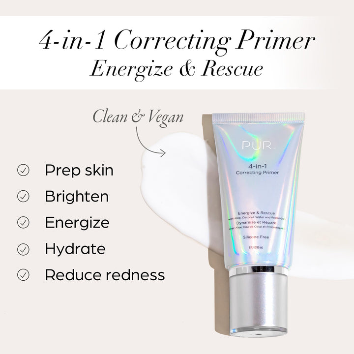 PUR Beauty 4-in-1 Correcting Primer, Energize & Rescue - Primer for Face Before Makeup - Primer Face Makeup for Women - Silicone-Free Make Up Hydrating Primer Helps Reduce Redness, 1 Fl Oz