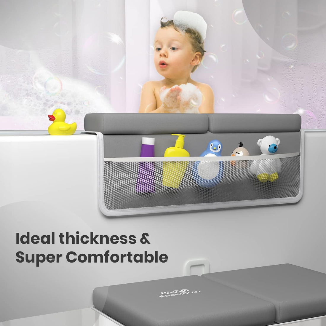 Baby Bath Kneeler and Elbow Rest Pad 2 Pieces Set with 3 Spacious Pocket to Organize Baby Acessories, 1.5 Thick Non-Slip, Soft, Fast-Drying Foldable Toddler Bath (Grey)