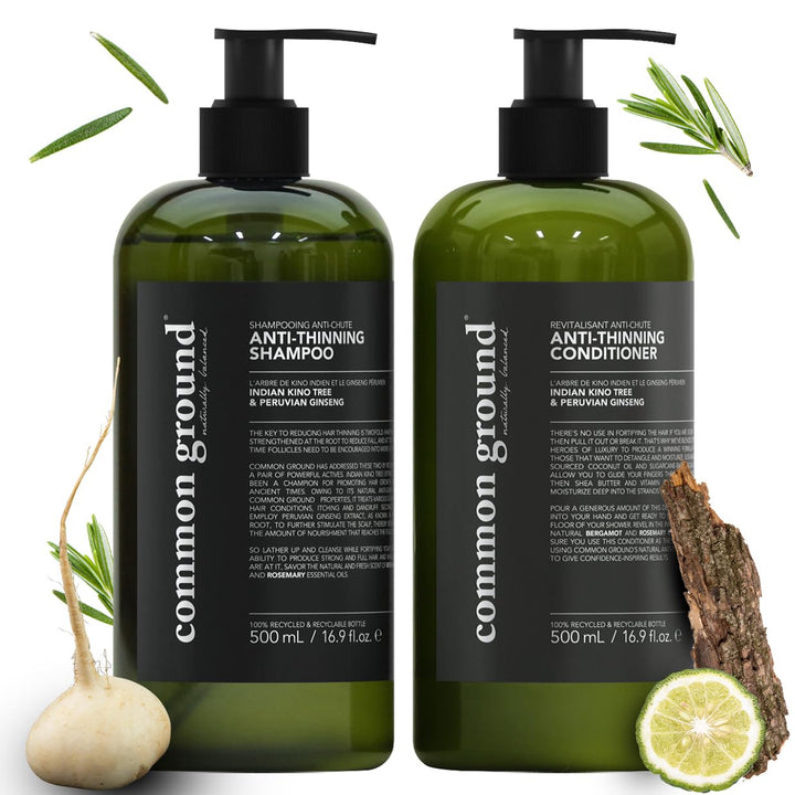 Common Ground Natural Anti Thinning Shampoo and Conditioner Set, Sulphate, Paraben & Cruelty Free, Organic, Vegan, Plant-Based, Bergamot, Rosemary Scent, Kino Tree & Ginseng DHT, All Hair, Men & Women