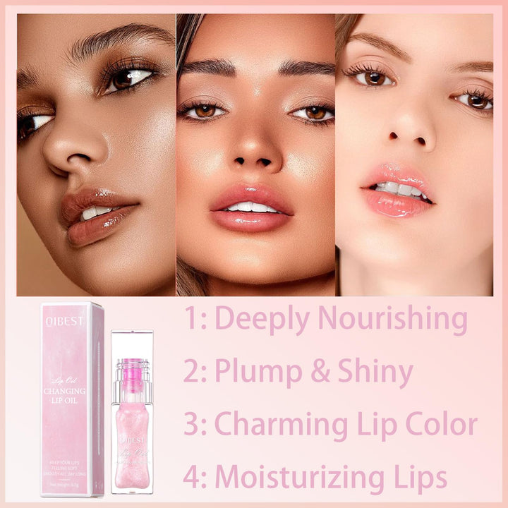 TIRDET Magic Color Changing Lip Oil - Warm Change Hydrating Lip Gloss With Big Brush - Long Lasting Shimmery