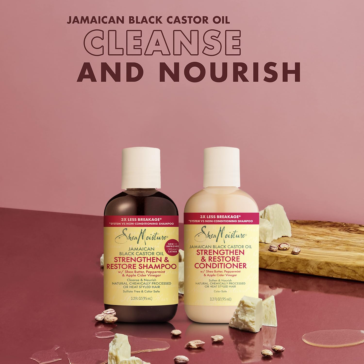 SheaMoisture Strengthen & Restore Shampoo & Conditioner, Travel-Size –Jamaican Black Castor Oil for Hair Repair & Frizz Control, 3.2 Oz Ea (2 Piece Set)