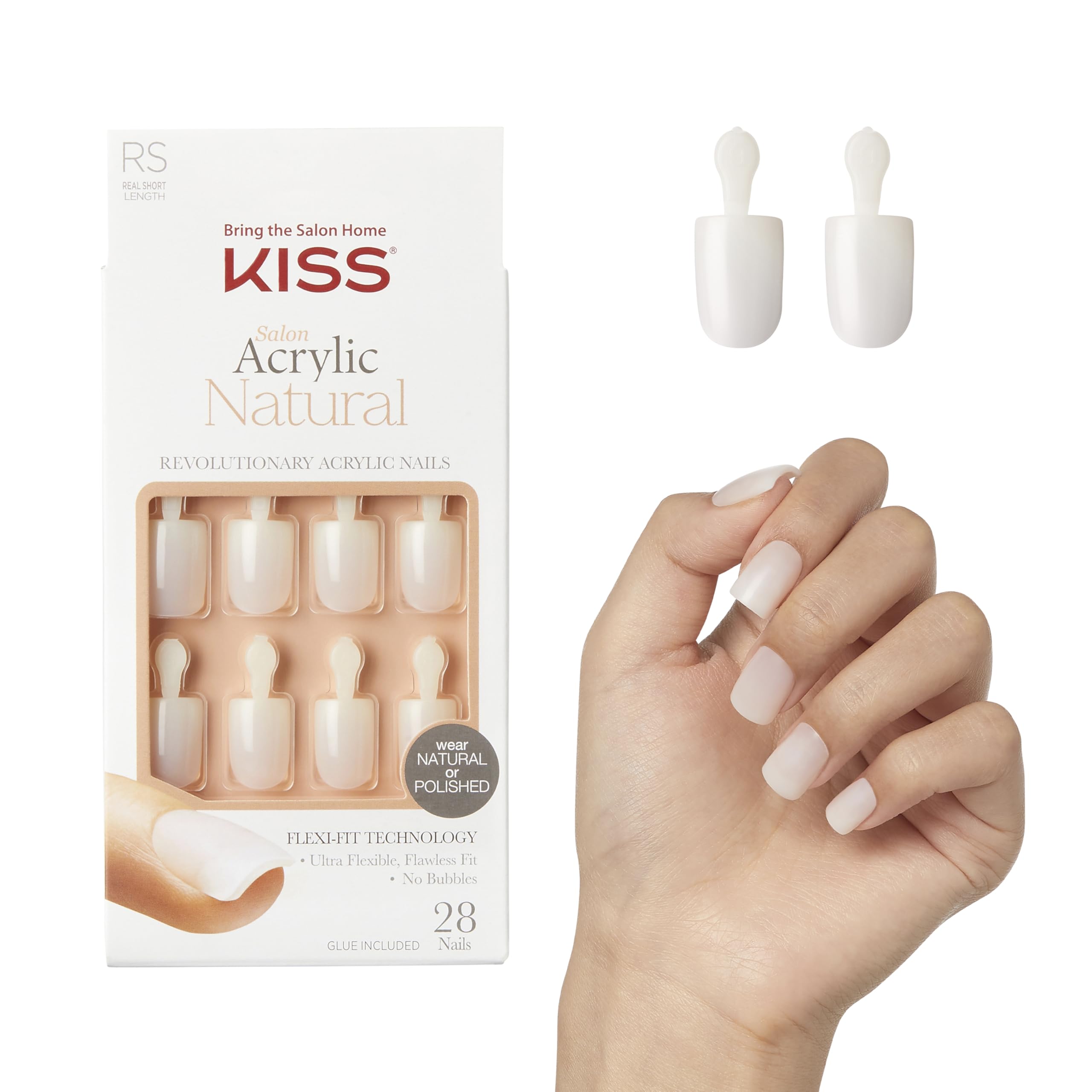 KISS Salon Acrylic Natural Press On Nails, Nail glue included, 'Rare', Nude, Short Size, Squoval Shape, Includes 28 Nails, 2g Glue, 1 Manicure Stick, 1 Mini File