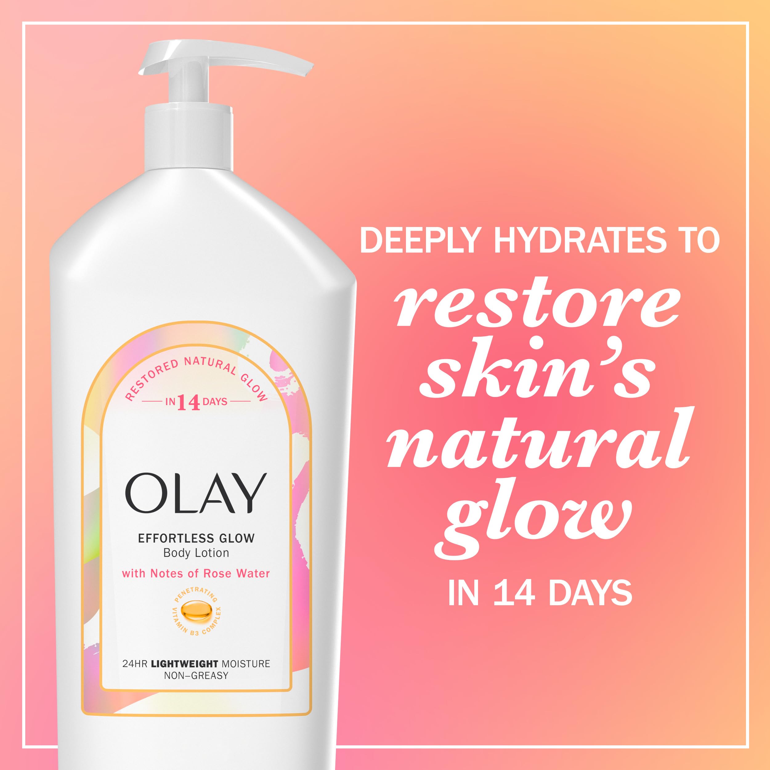 Olay Effortless Glow Hydrating Body Lotion for Women, Restore Skin's Natural Glow, Absorbs Instantly, Notes of Rose Water Scent, 18 fl oz