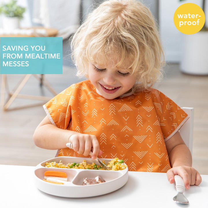 Bumkins Short Sleeve Bib for Girl or Boy, Toddler and Kids for 1-3 Years, Large Size, Essential Must Have for Junior Children, Eating, Mess Saving Soft Fabric Apron for Play, Desert Boho Orange