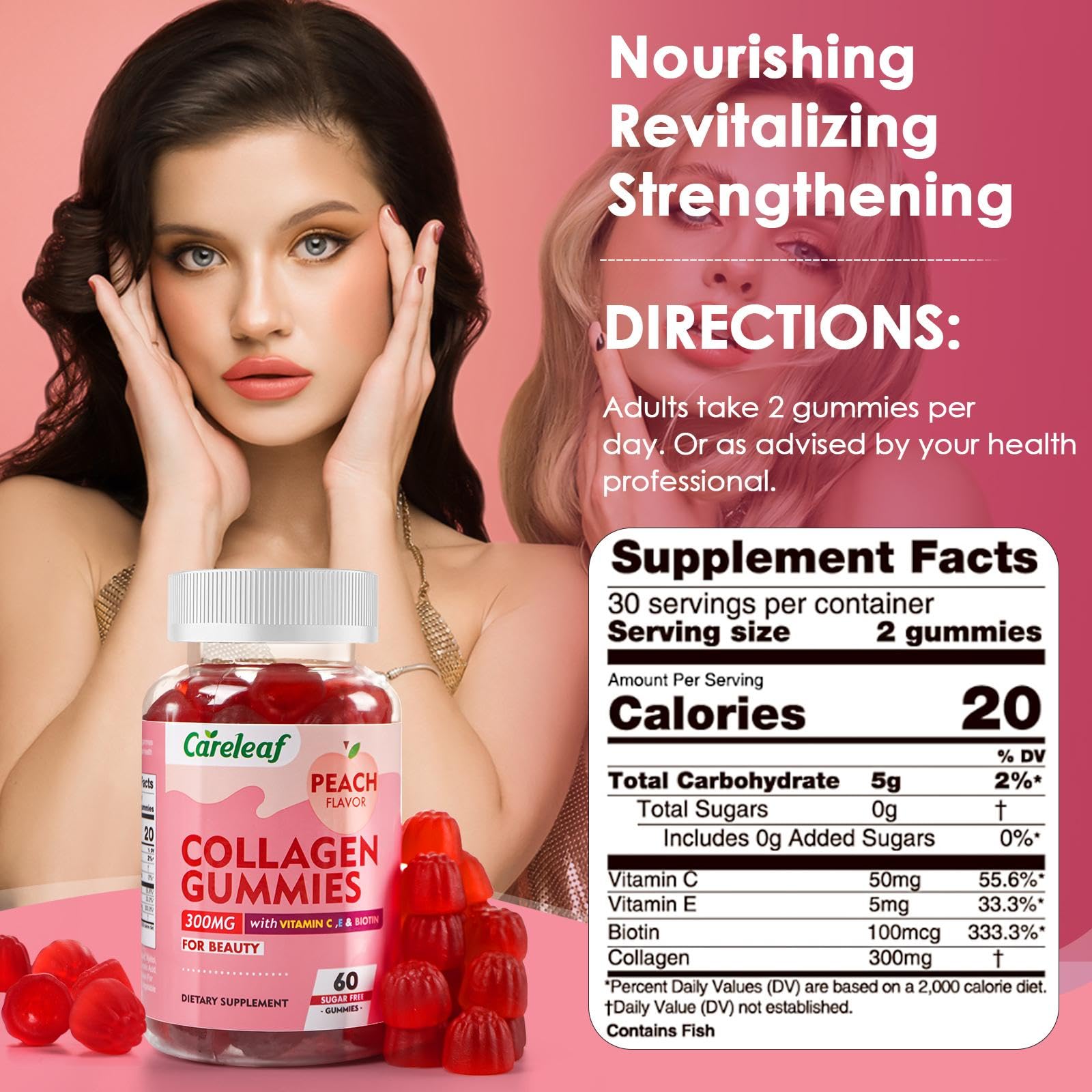 careleaf Sugar Free Collagen Gummies with Vitamin C Vitamin E Support Natural Collagen Production, Healthy Hair, Nails and Bones,Peach Flavor,60 Gummies for 30 Days Supply