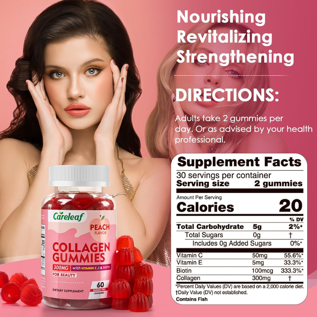 careleaf Sugar Free Collagen Gummies with Vitamin C Vitamin E Support Natural Collagen Production, Healthy Hair, Nails and Bones,Peach Flavor,60 Gummies for 30 Days Supply