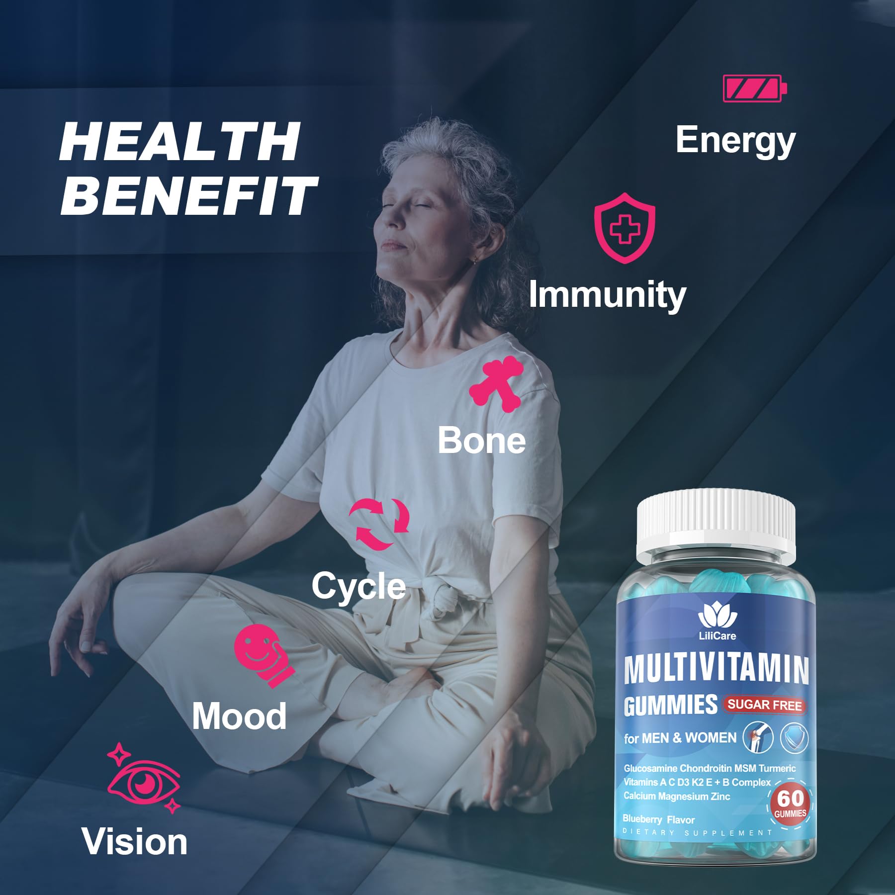 Sugar Free Methylated Multivitamin for Men & Women 50 Plus with Glucosamine Chondroitin MSM, Iron Free Gummies for Senior with Multi Vitamin D3 K2 & A C E, B Complex, Algae Calcium Magnesium - 60Cts