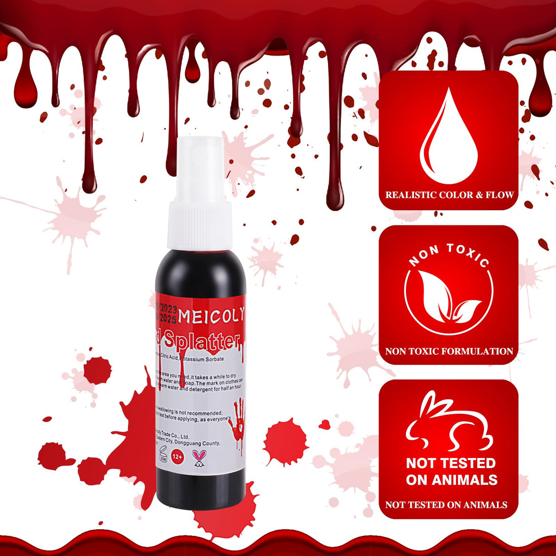 MEICOLY Blood Splatter, 2.1oz Fake Blood Spray, Halloween Liquid Blood for Clothes, Zombie Bride, Vampire and Monster SFX Scary Clown Makeup & Dress Up,Dark,1 Pack